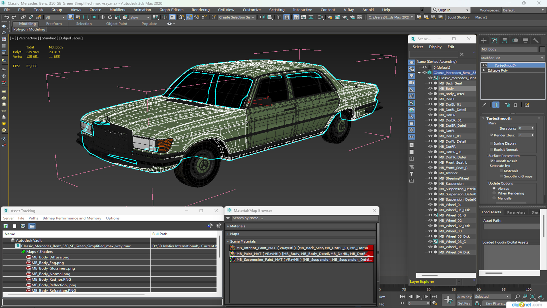 3D model Classic Mercedes Benz 350 SE Green Simplified