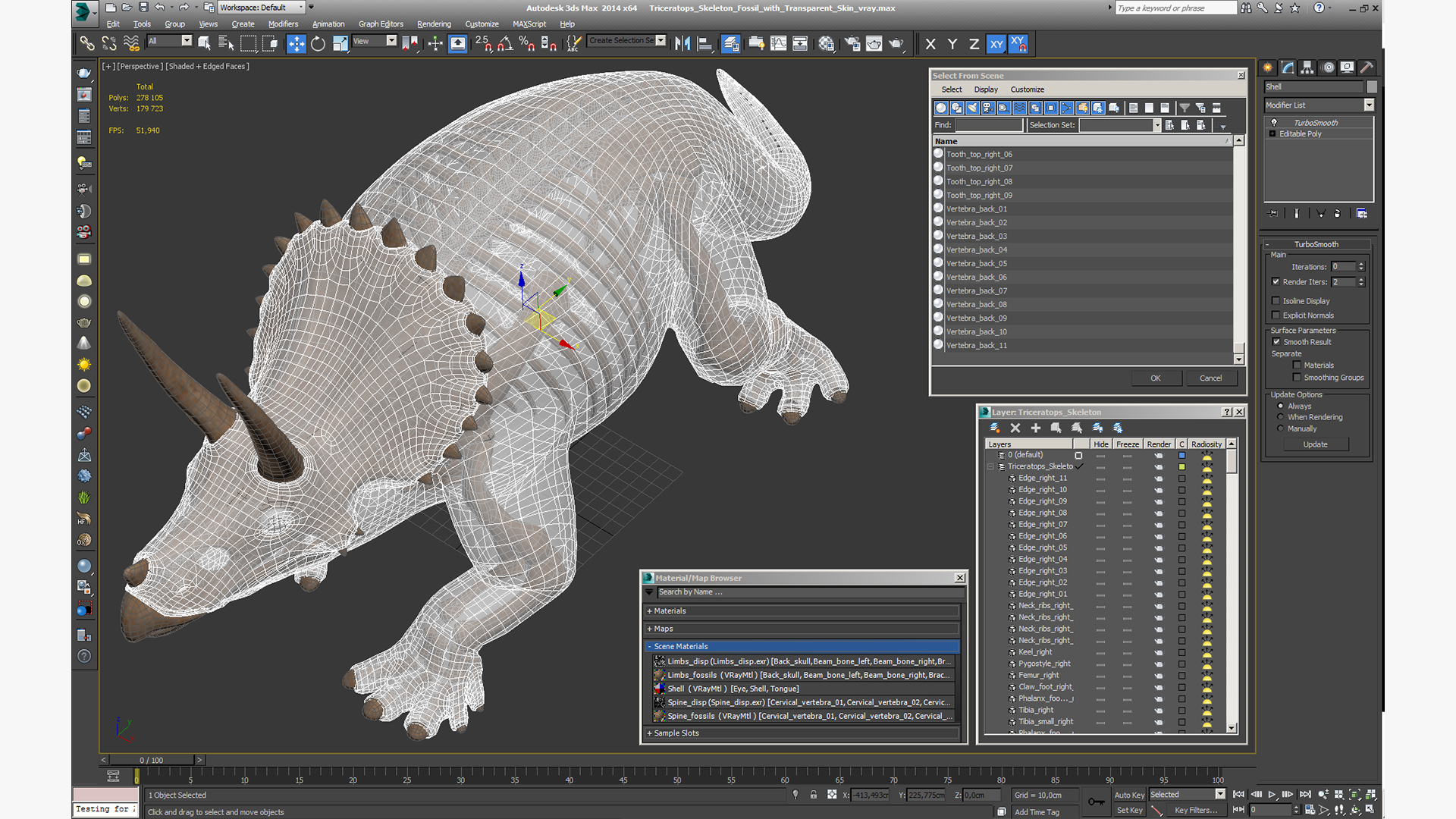 Triceratops Skeleton Fossil with Transparent Skin 3D model