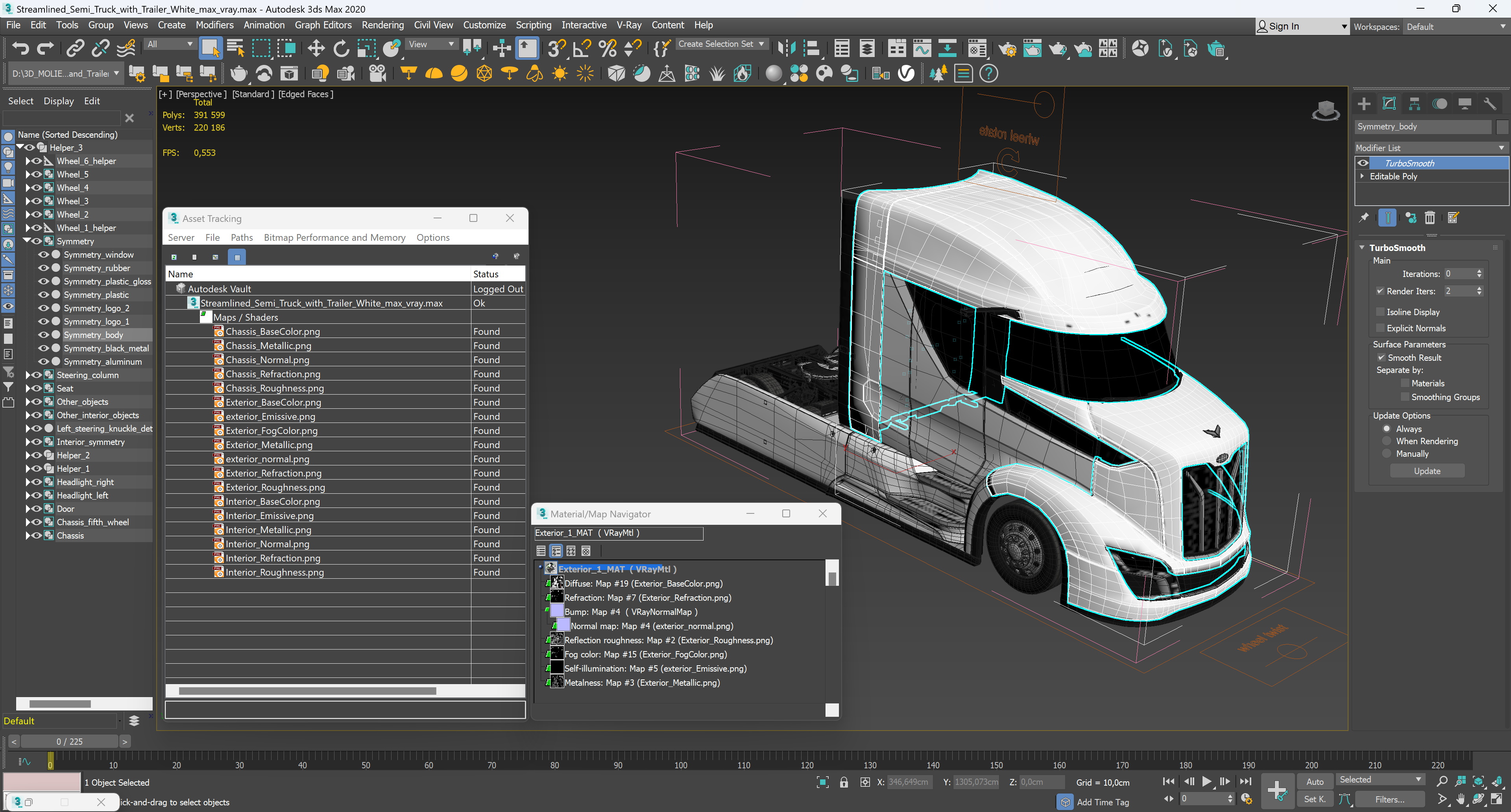 3D model Streamlined Semi Truck White Rigged