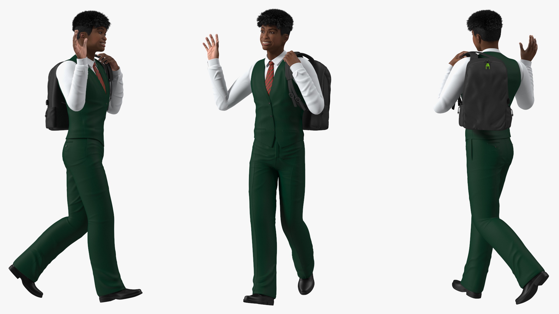 3D Black Teenager Light Skin School Uniform Walking model