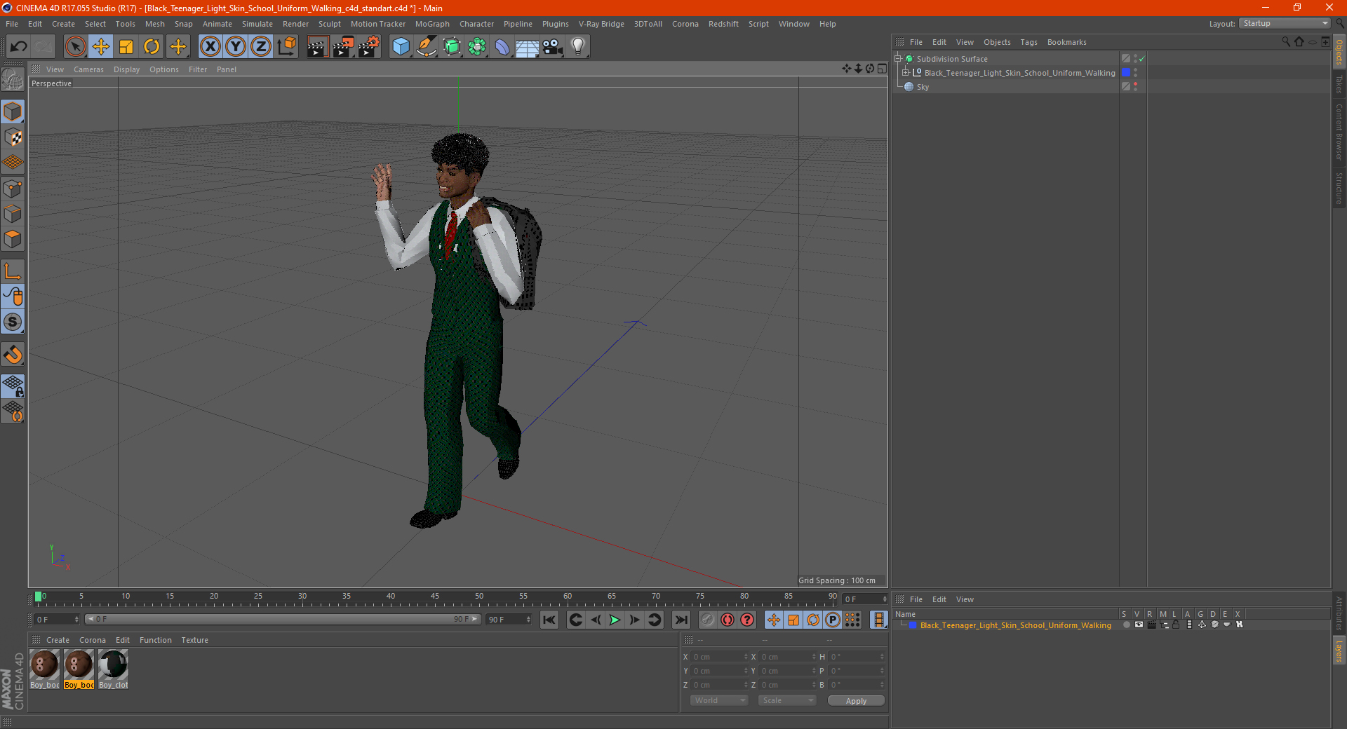 3D Black Teenager Light Skin School Uniform Walking model