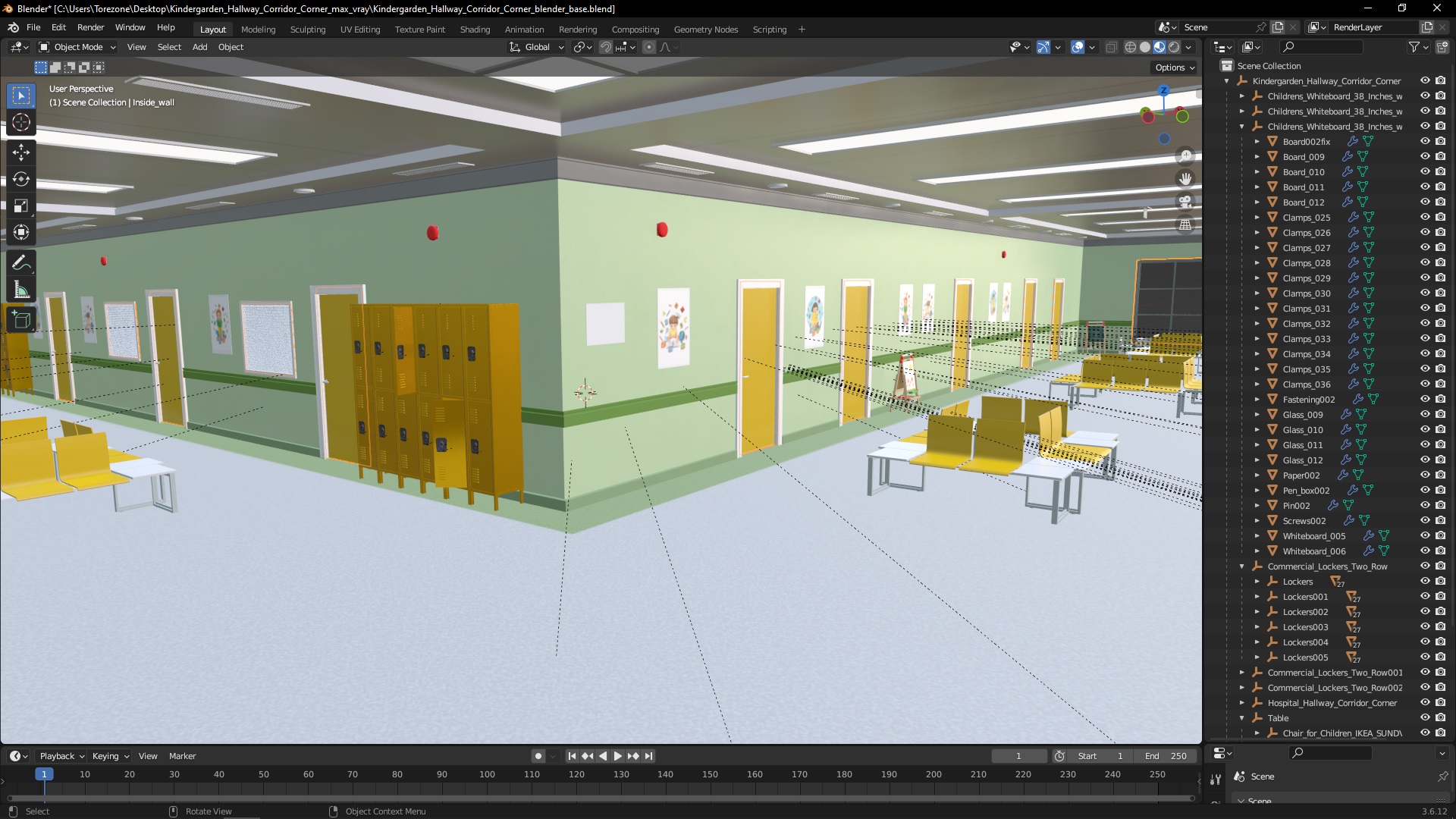 3D Kindergarten Hallway Corridor Corner