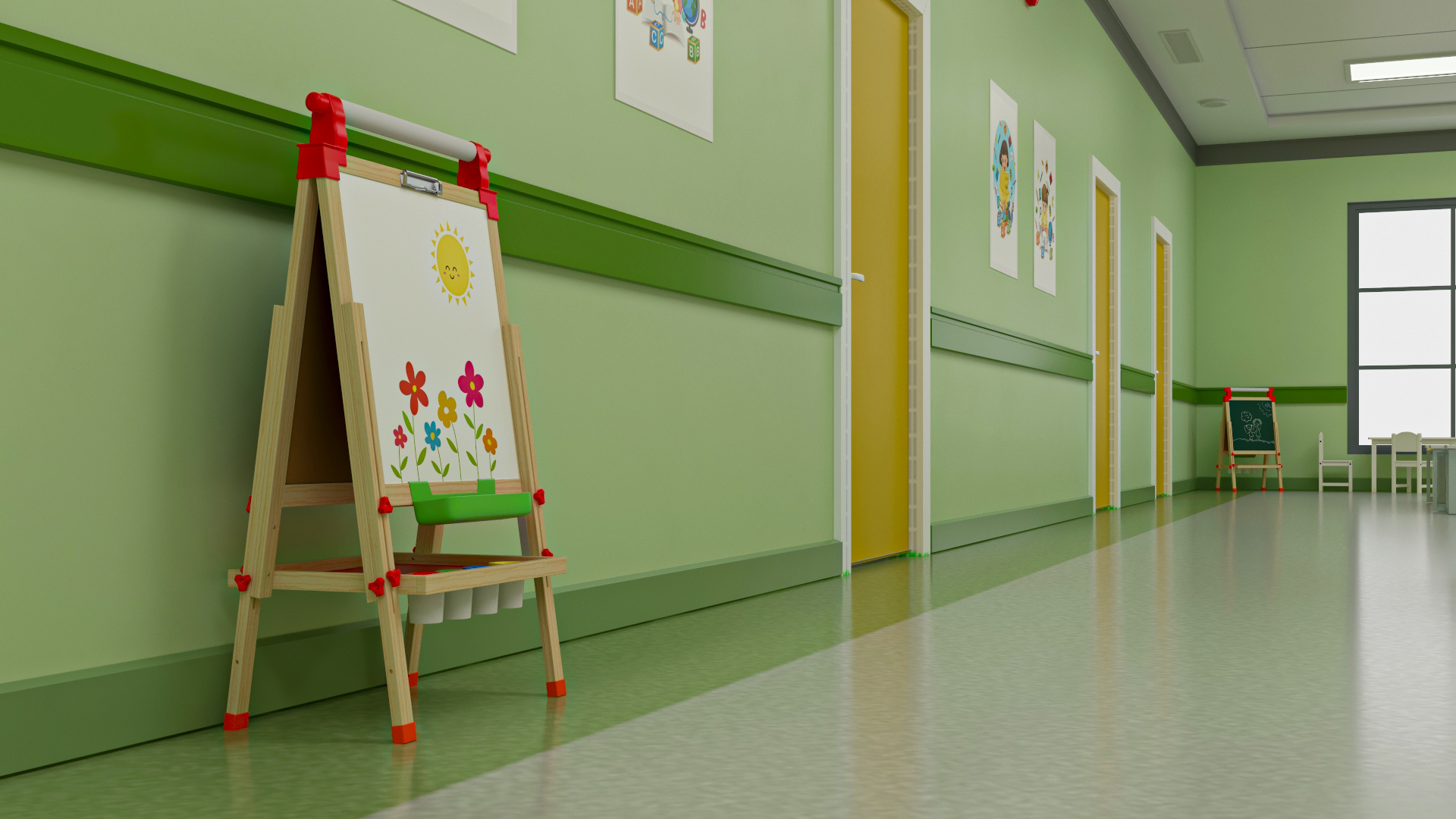 3D Kindergarten Hallway Corridor Corner