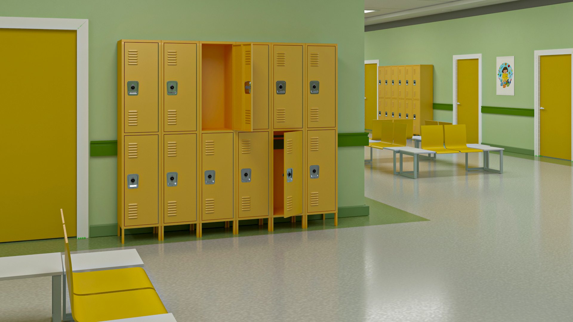 3D Kindergarten Hallway Corridor Corner