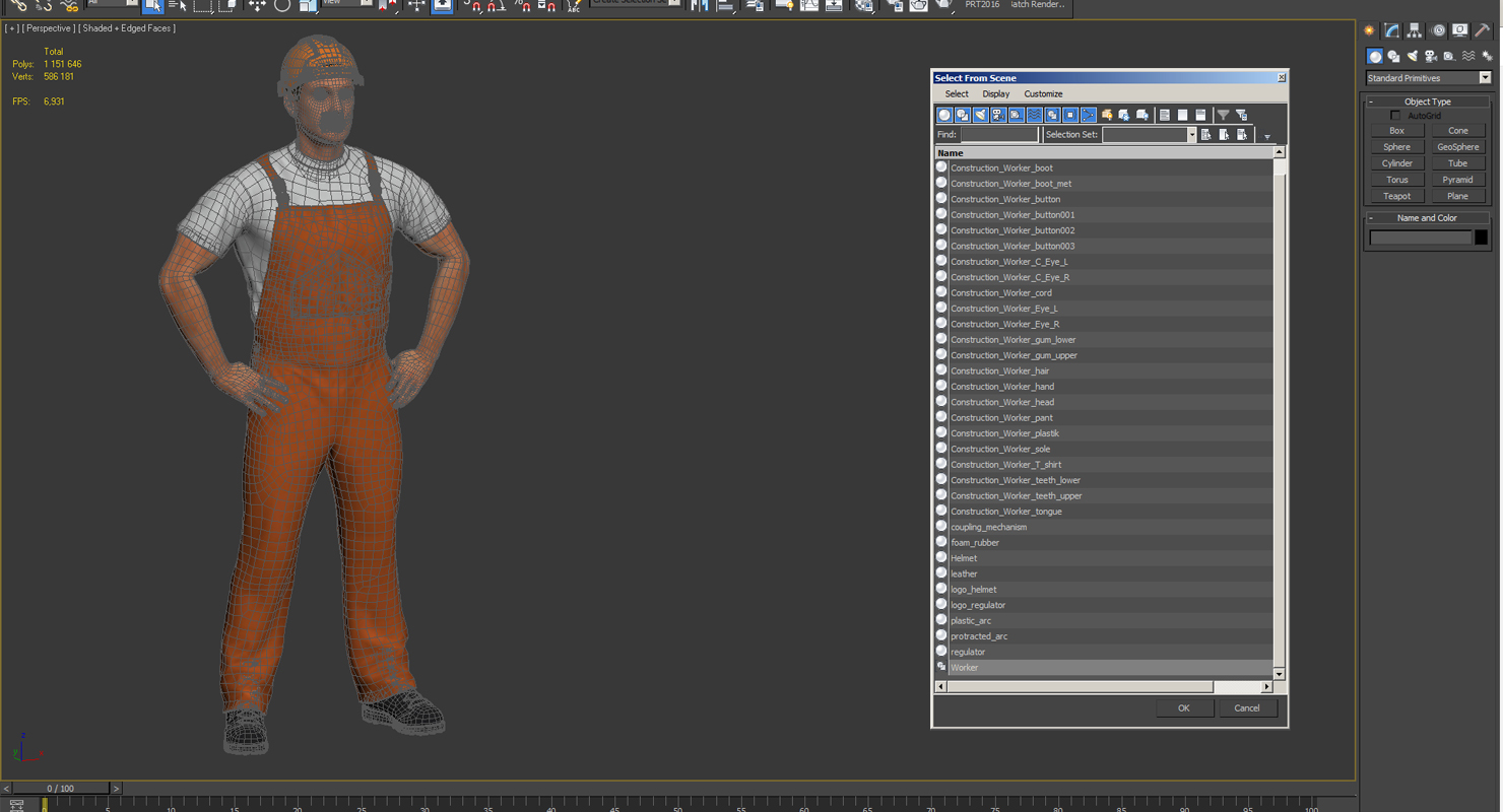 Worker In Orange Overalls with Hardhat Standing Pose 3D