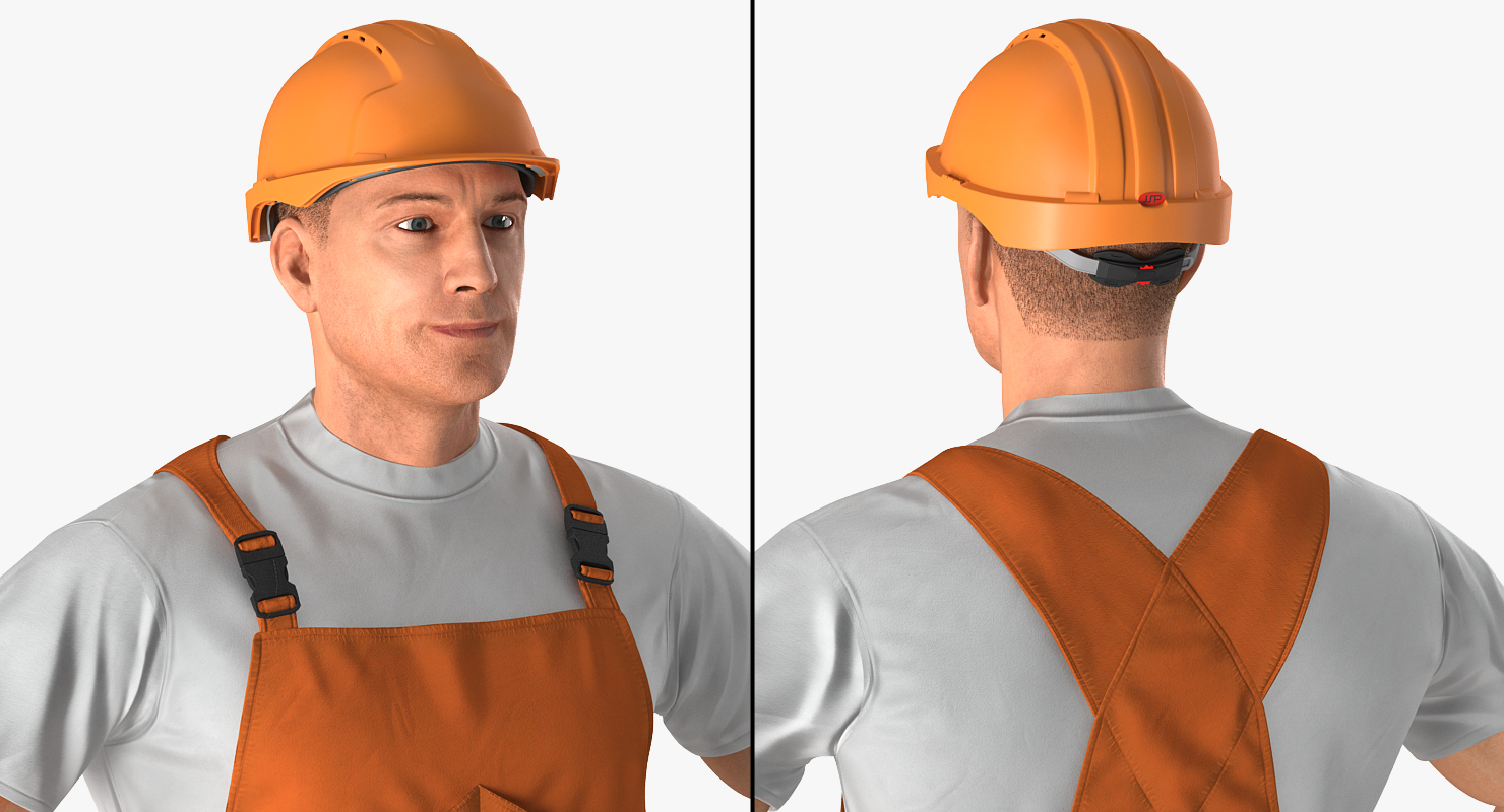 Worker In Orange Overalls with Hardhat Standing Pose 3D