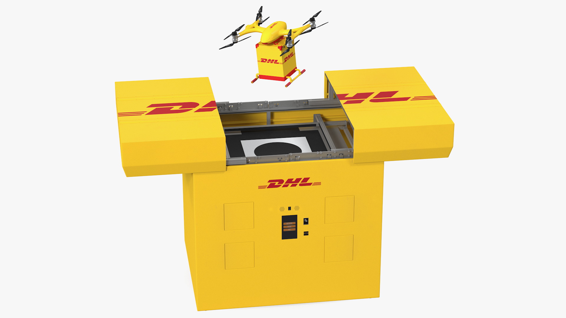 DHL Express Delivery Drone Station with Quadcopter Rigged 3D