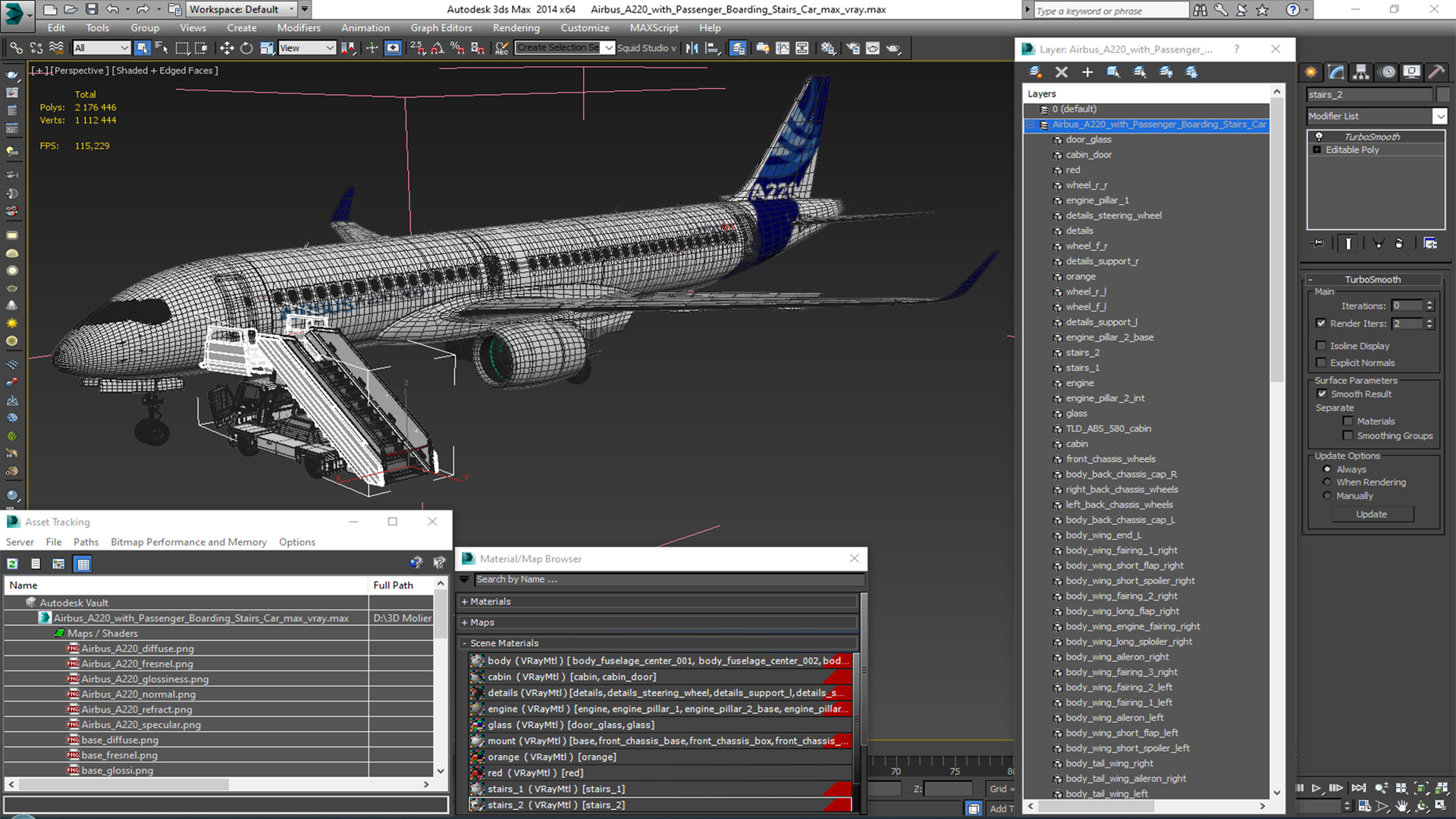 3D Airbus A220 with Passenger Boarding Stairs Car