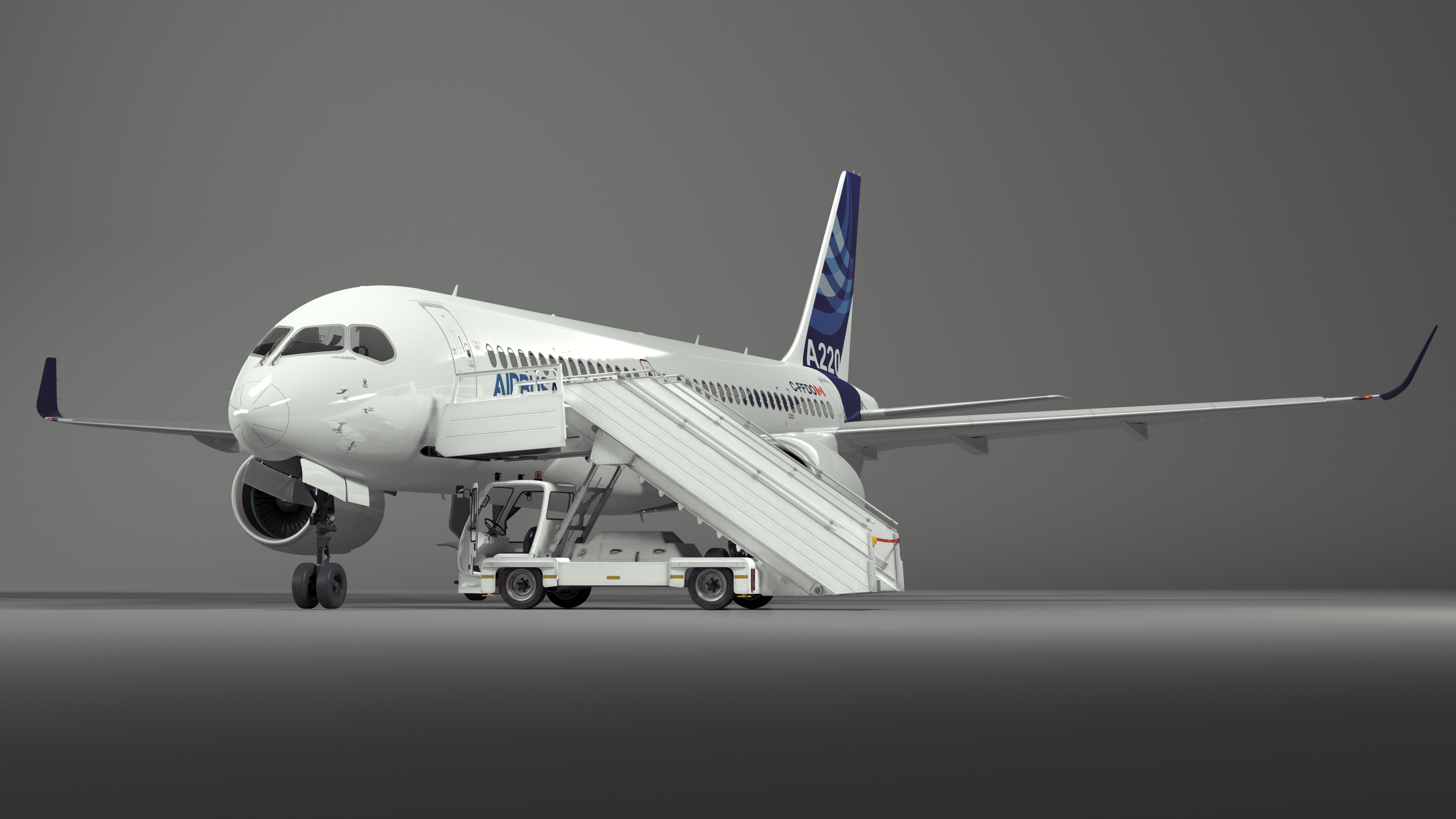 3D Airbus A220 with Passenger Boarding Stairs Car