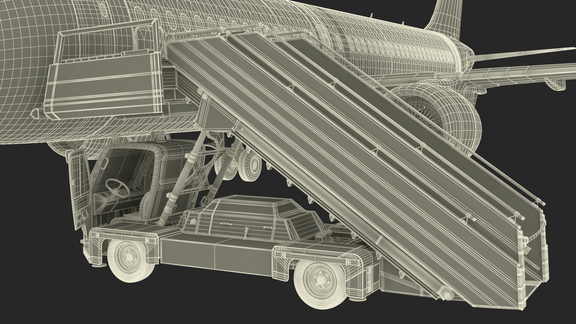 3D Airbus A220 with Passenger Boarding Stairs Car