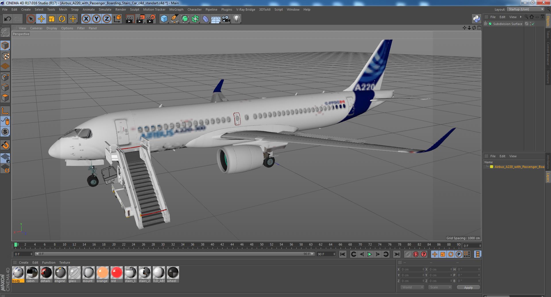 3D Airbus A220 with Passenger Boarding Stairs Car