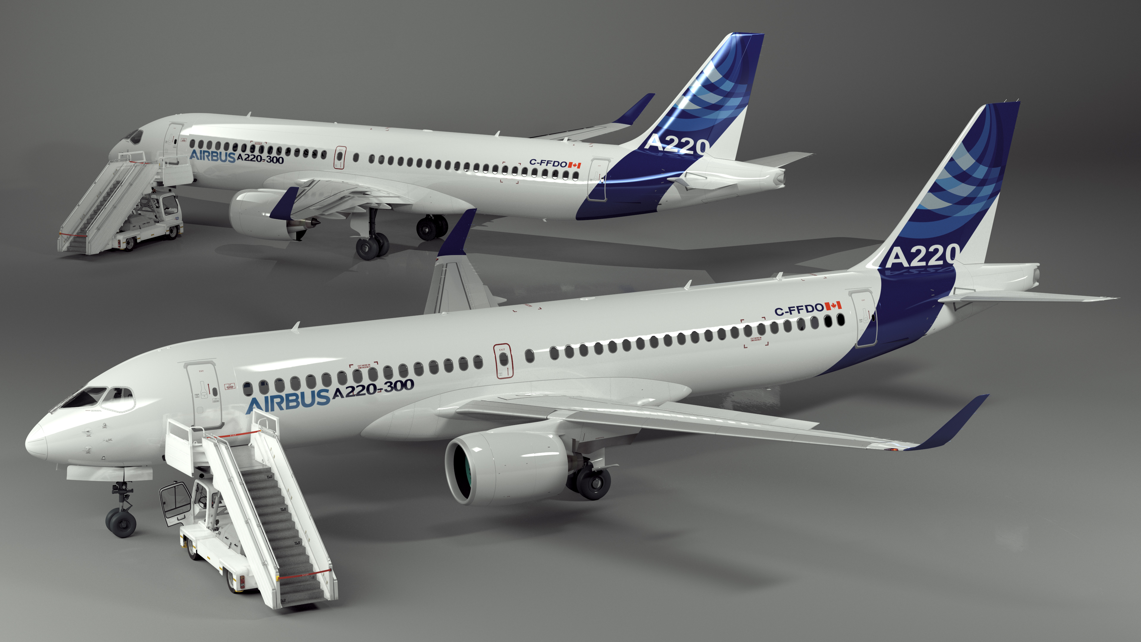 3D Airbus A220 with Passenger Boarding Stairs Car