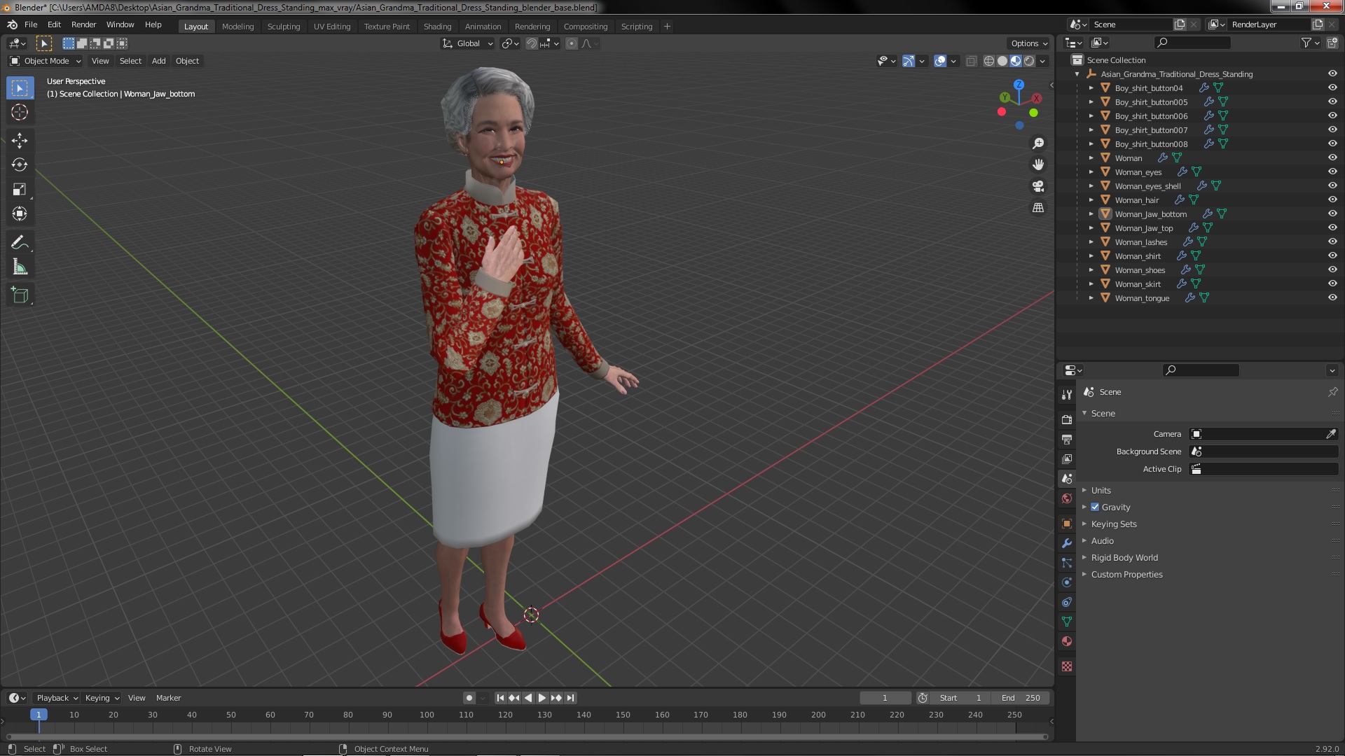 3D model Asian Grandma Traditional Dress Standing