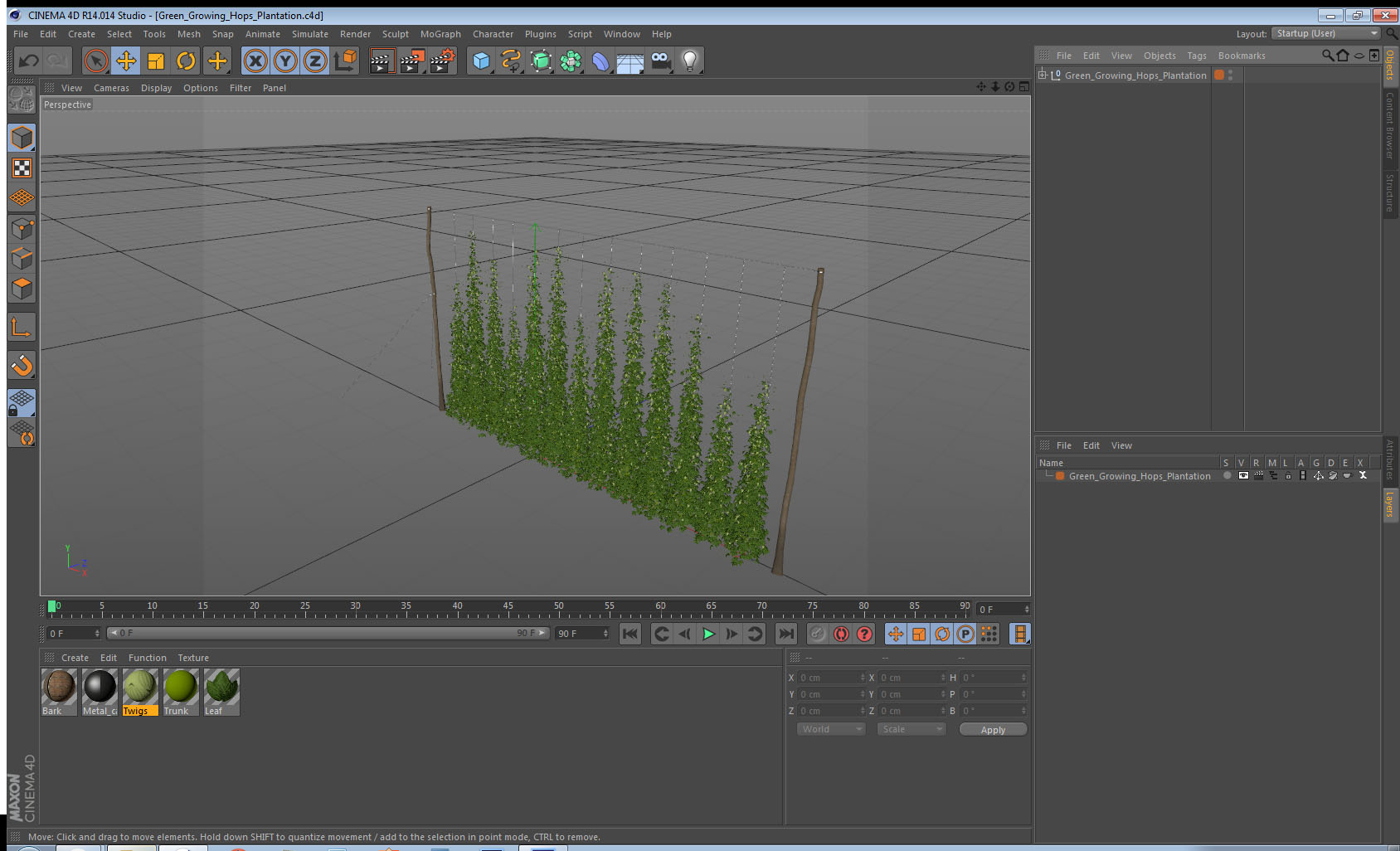 Green Growing Hops Plantation 3D model