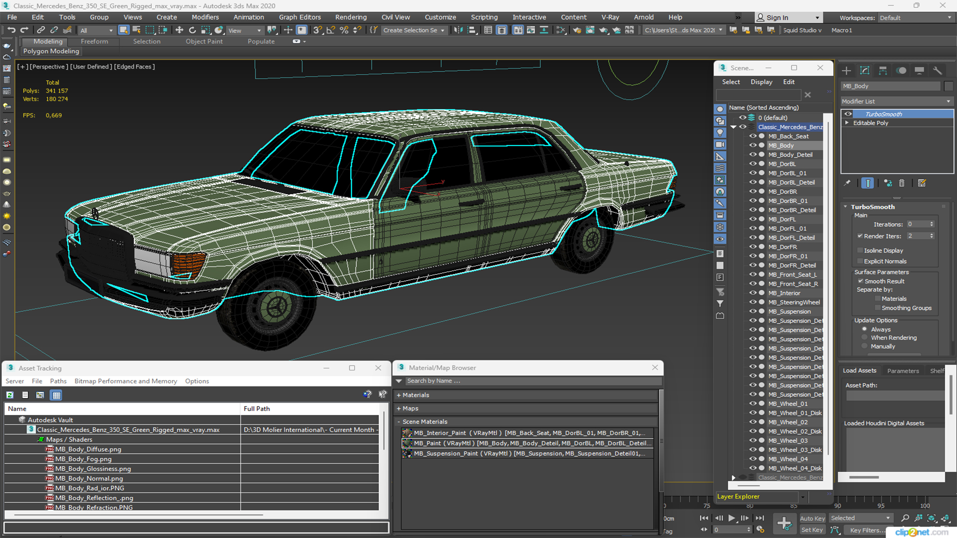 3D Classic Mercedes Benz 350 SE Green Rigged