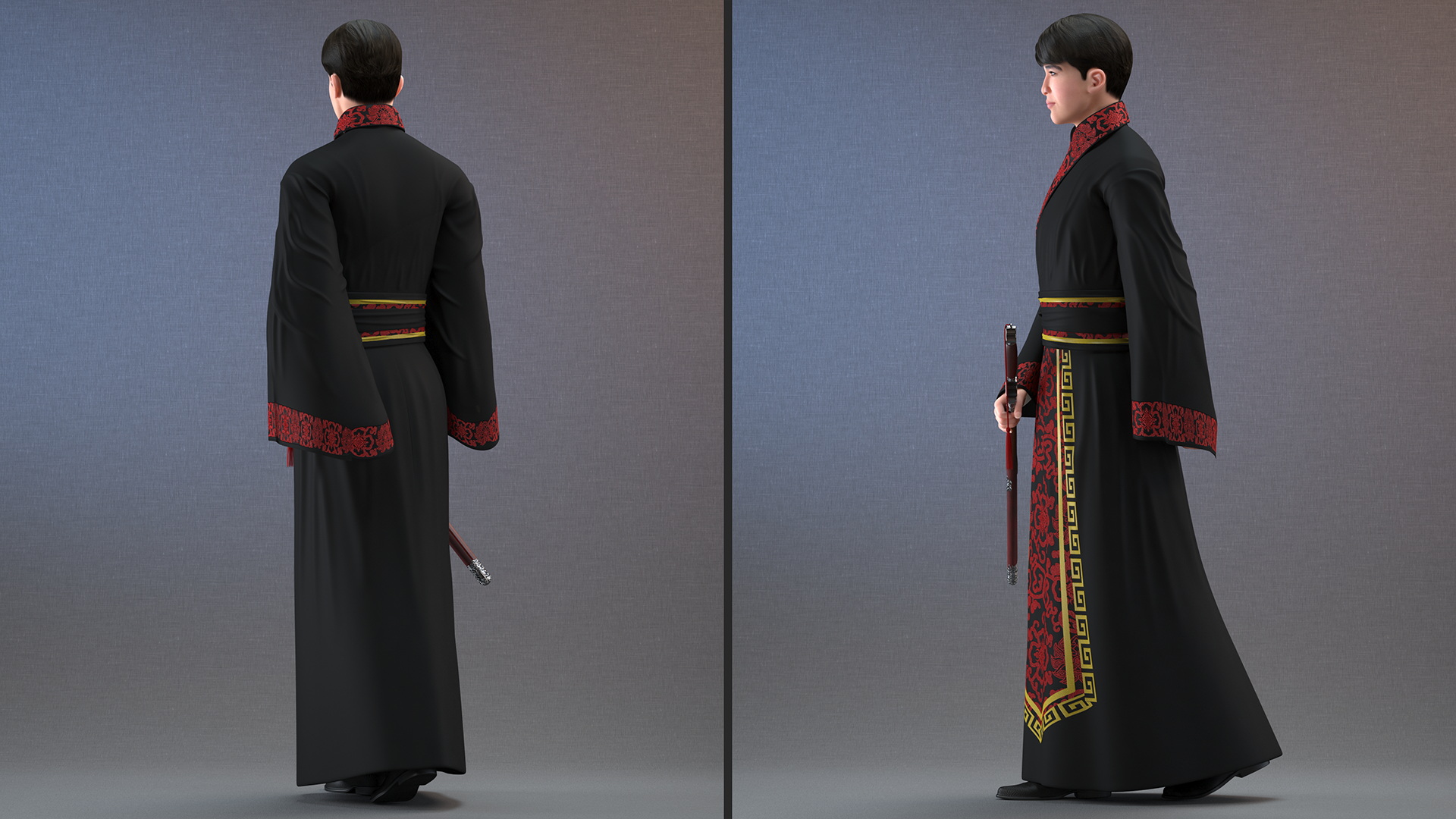 Chinese Man in Traditional Clothes Walking 3D