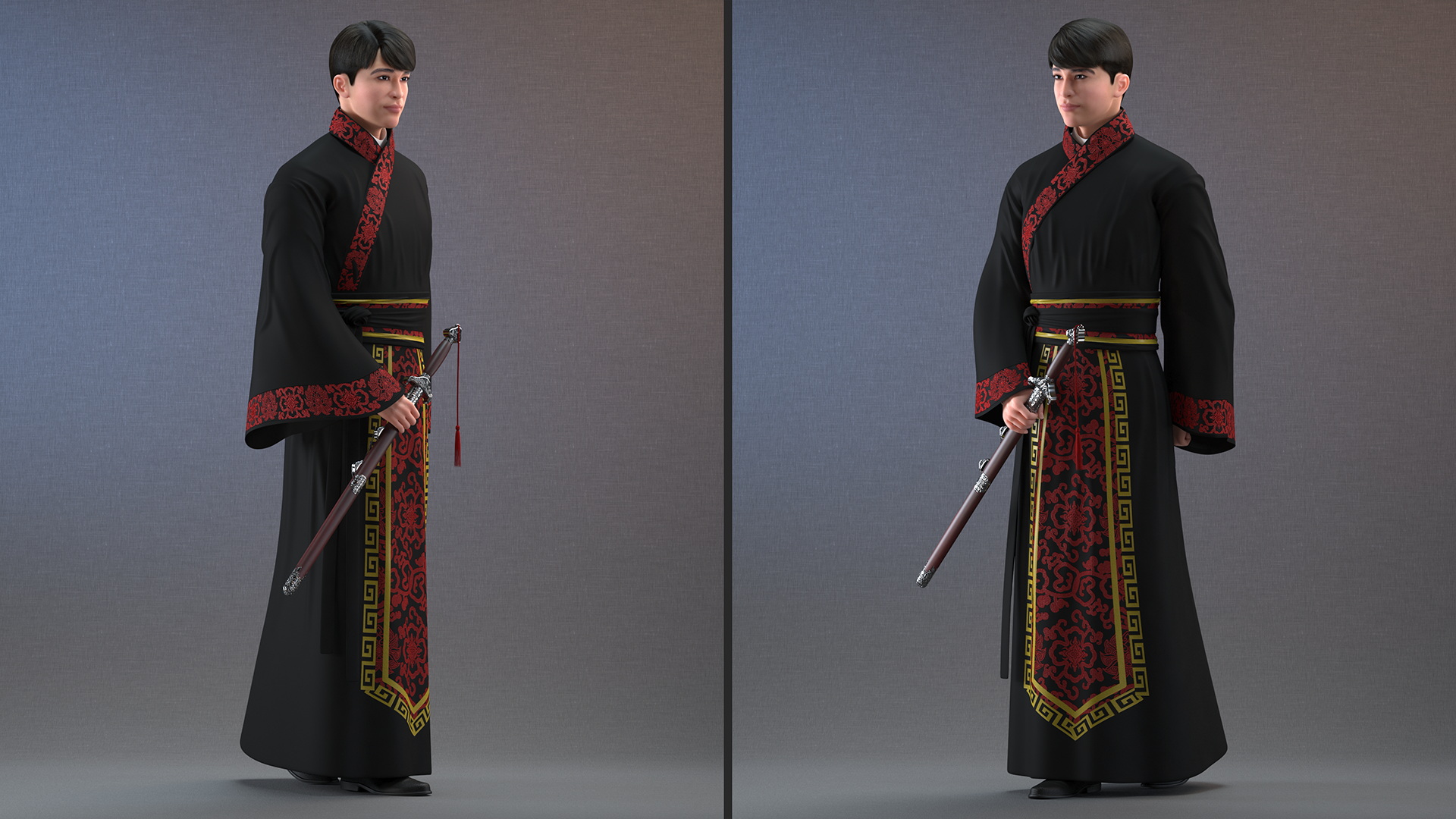 Chinese Man in Traditional Clothes Walking 3D