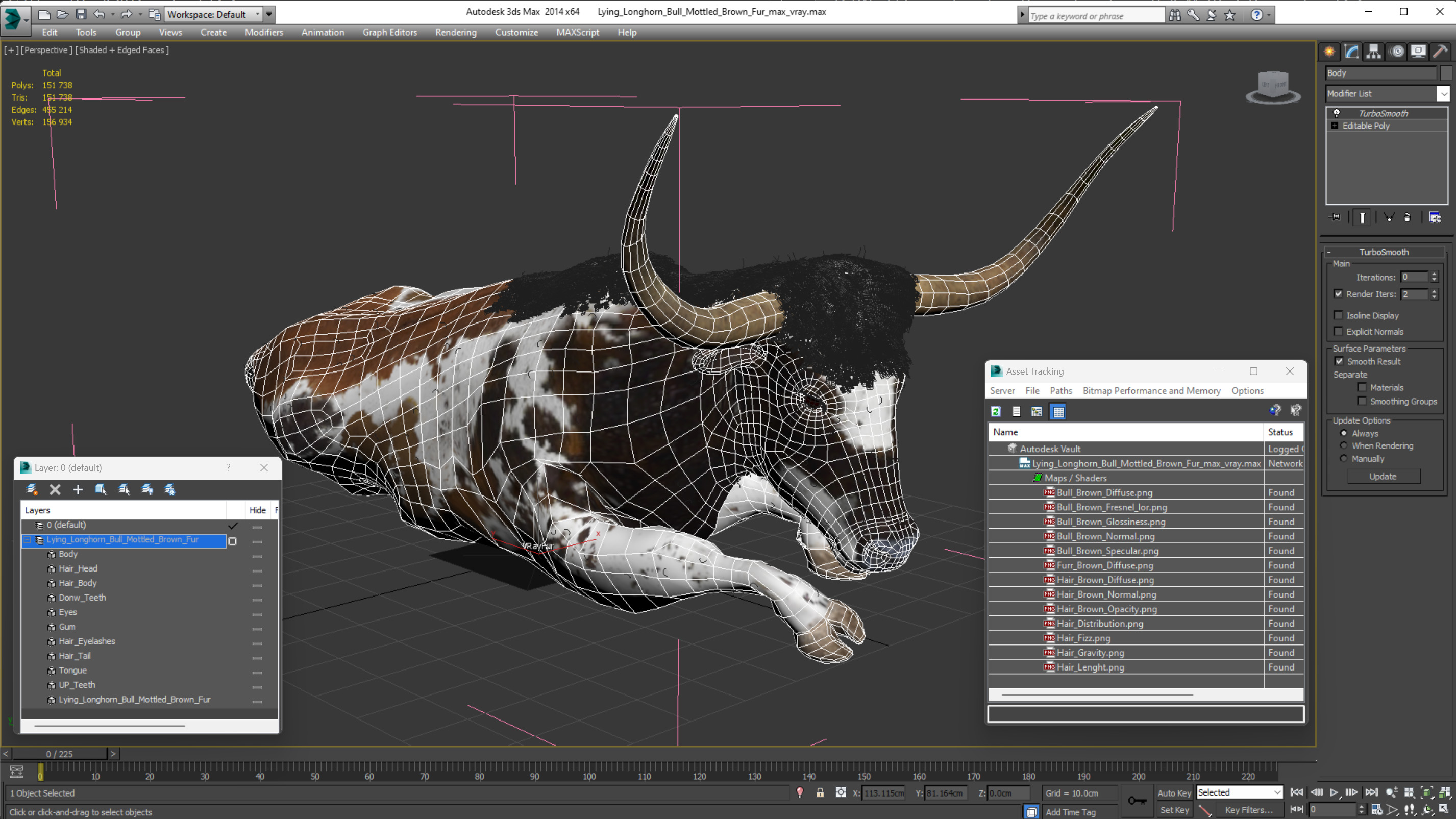 Lying Longhorn Bull Mottled Brown Fur 3D