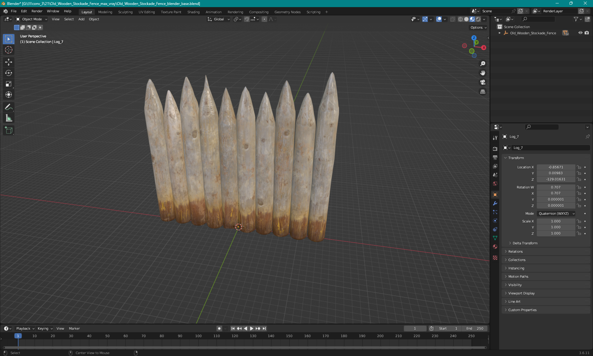 3D model Old Wooden Stockade Fence