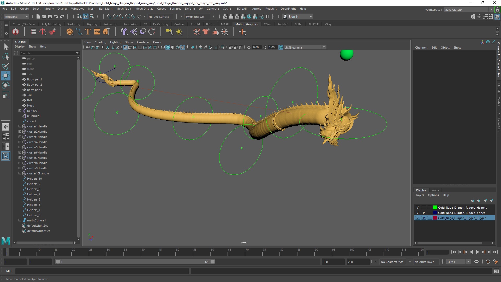 Gold Naga Dragon Rigged for Maya 3D