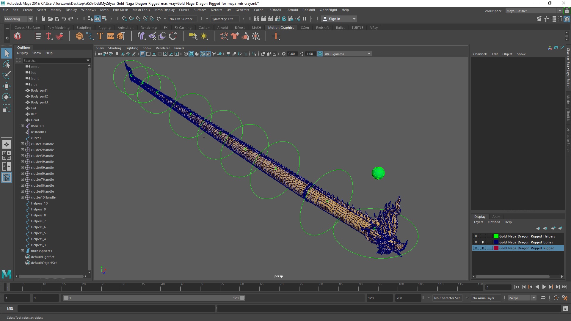 Gold Naga Dragon Rigged for Maya 3D