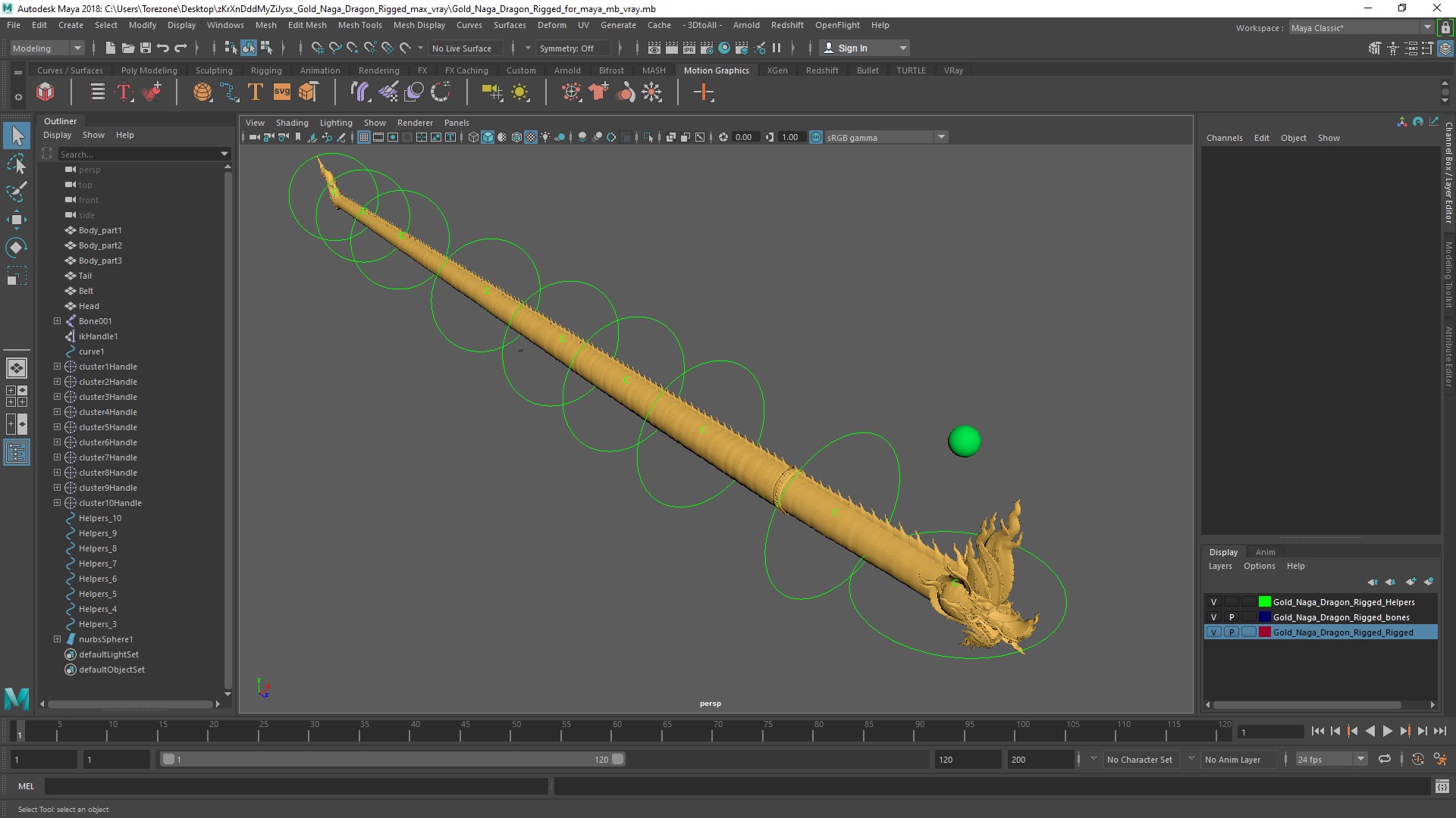 Gold Naga Dragon Rigged for Maya 3D