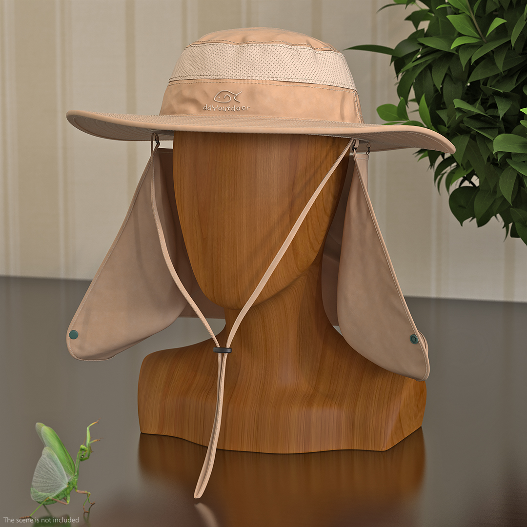 3D model Khaki Outdoor Fishing Hat with Removable Neck Flap