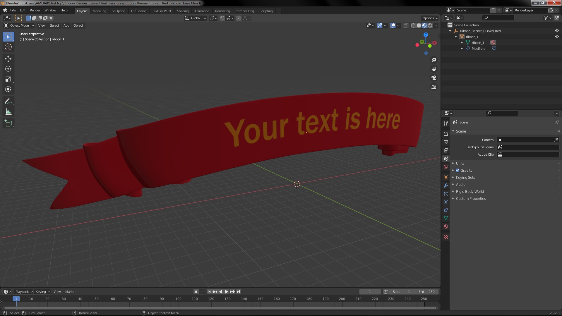 Ribbon Banner Curved Red 3D model