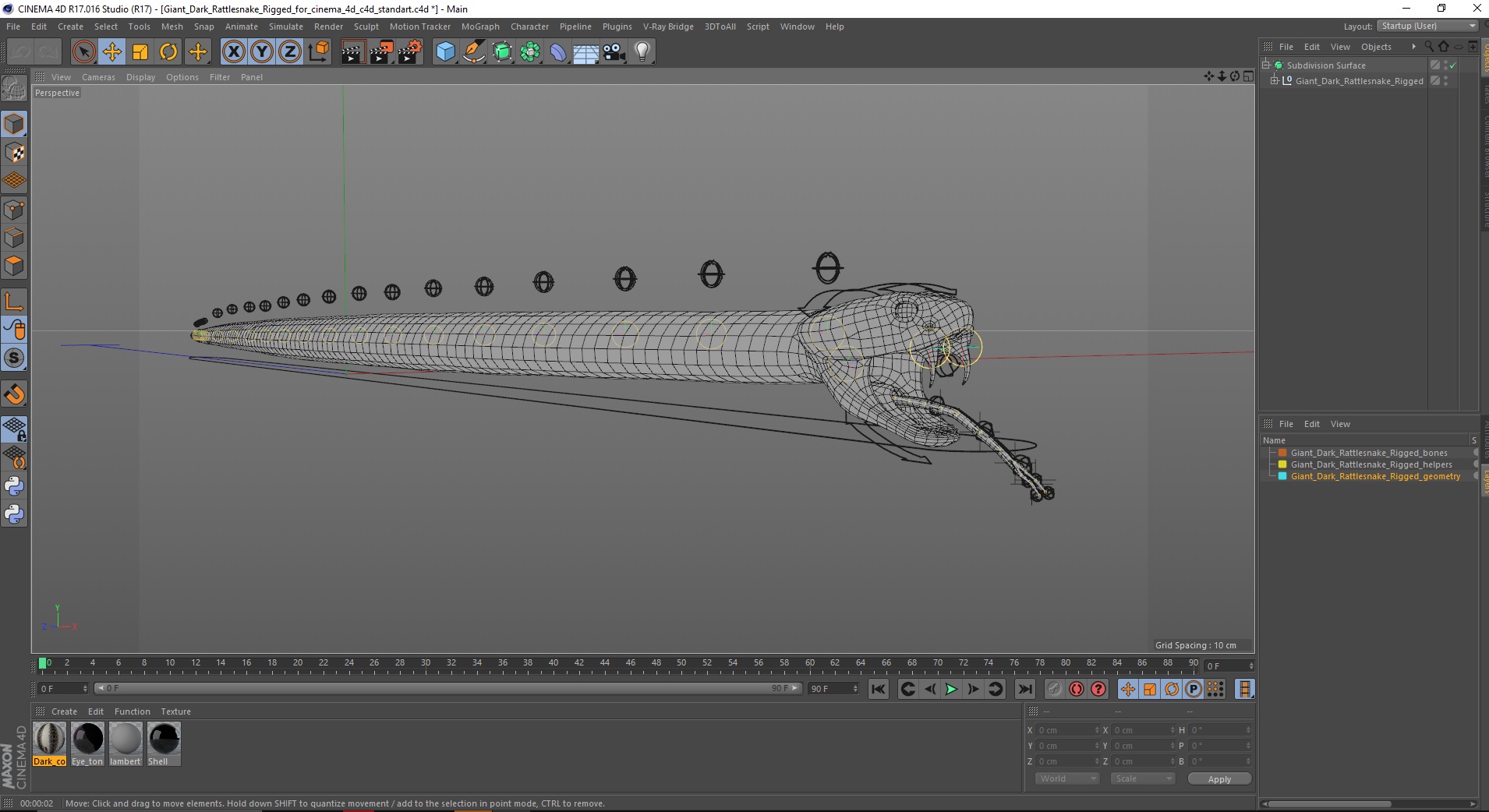 3D Giant Dark Rattlesnake Rigged for Cinema 4D model