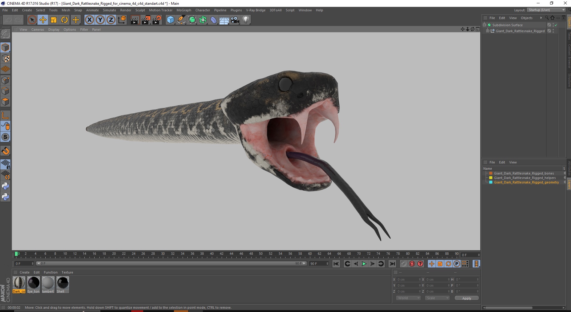 3D Giant Dark Rattlesnake Rigged for Cinema 4D model