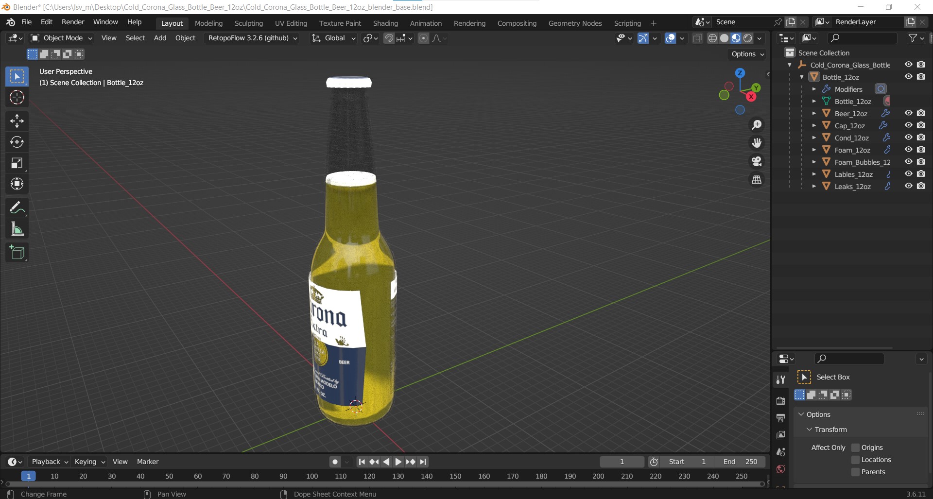 Cold Corona Glass Bottle Beer 12oz 3D model