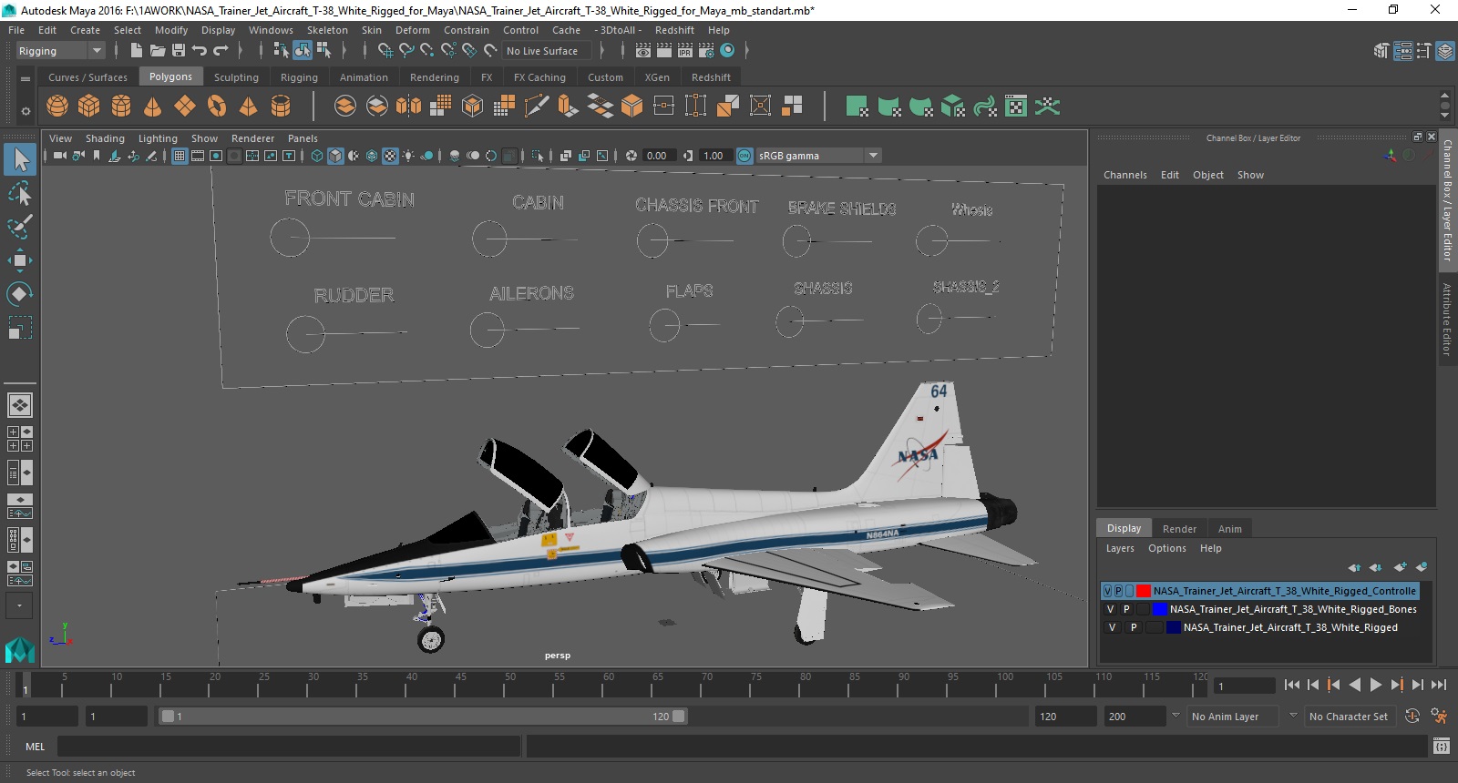 NASA Trainer Jet Aircraft T-38 White Rigged for Maya 3D