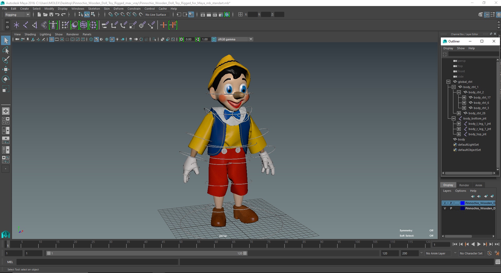 3D Pinnochio Wooden Doll Toy Rigged for Maya