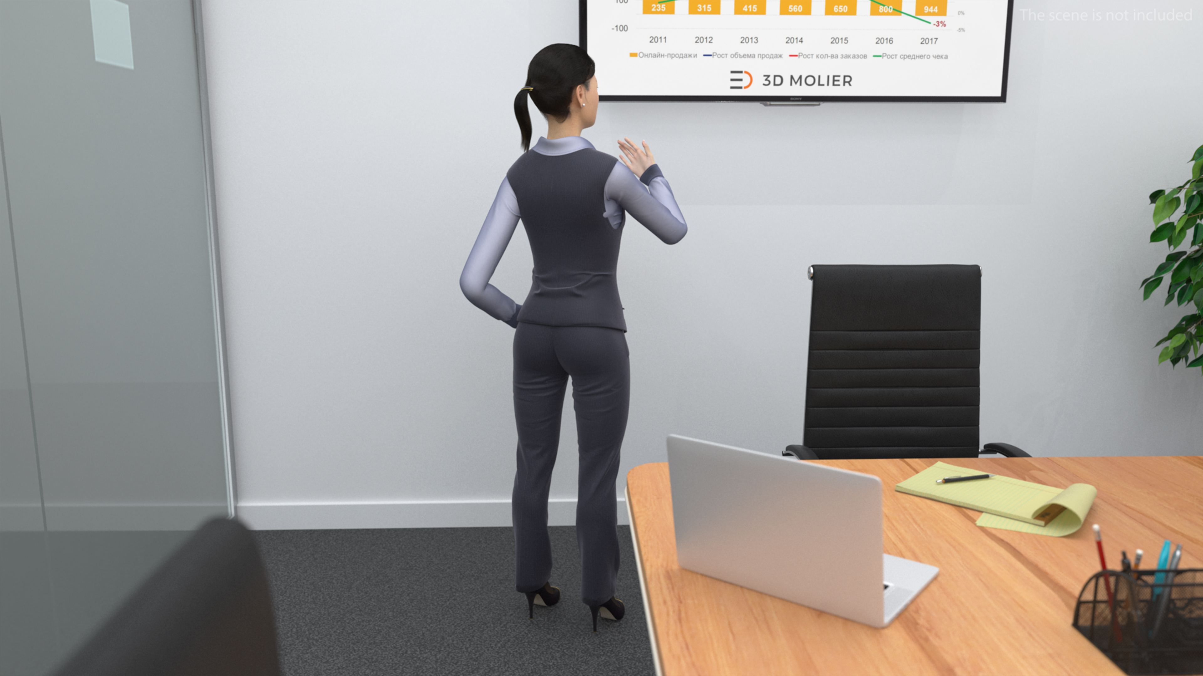 3D model Asian Businesswoman in Formal Suit Fur Rigged