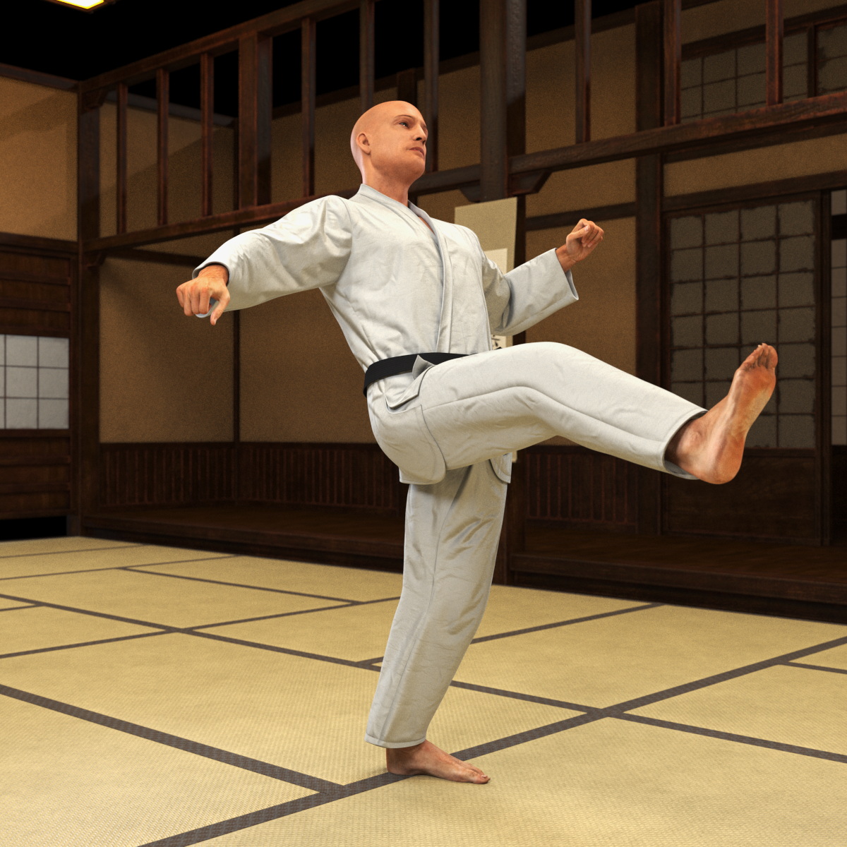 3D Karate Practitioner in Gi with Black Belt Rigged model