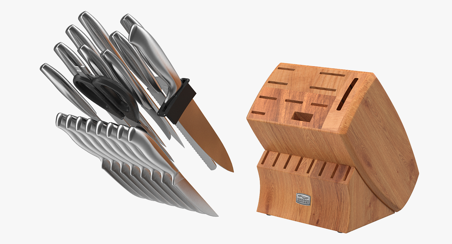 3D Stainless Steel Knife Wooden Block Set model