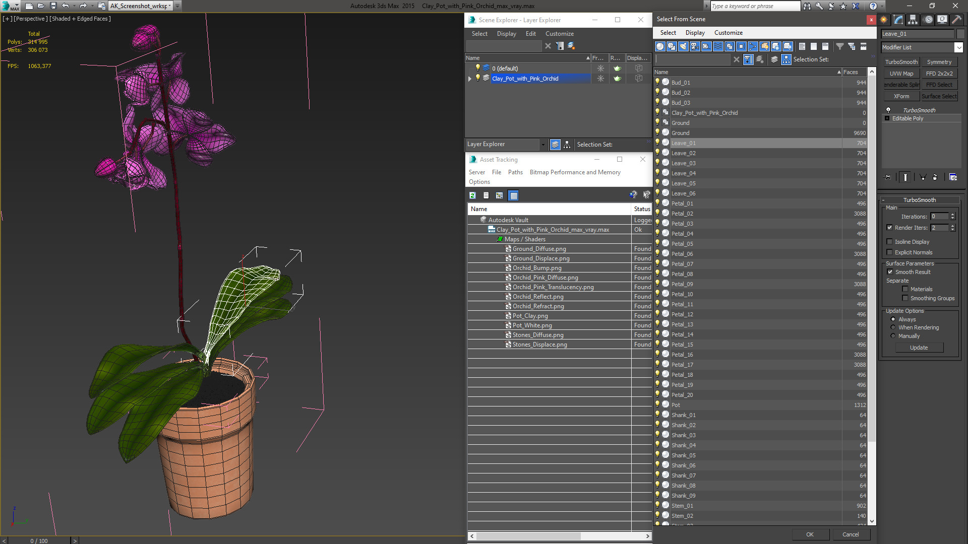 3D model Clay Pot with Pink Orchid