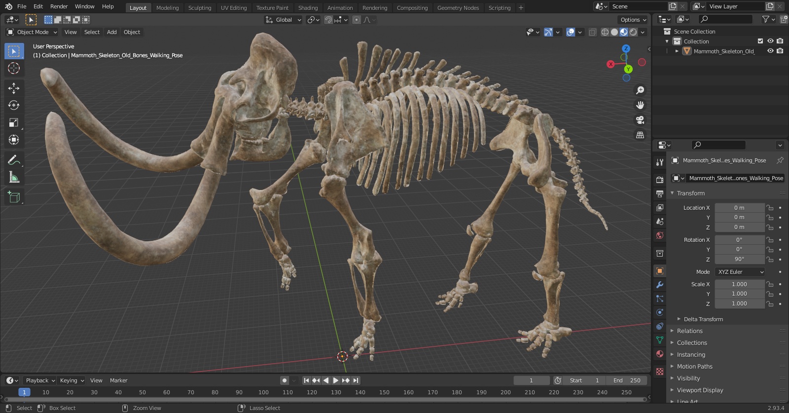 Mammoth Skeleton Old Bones Walking Pose 3D model