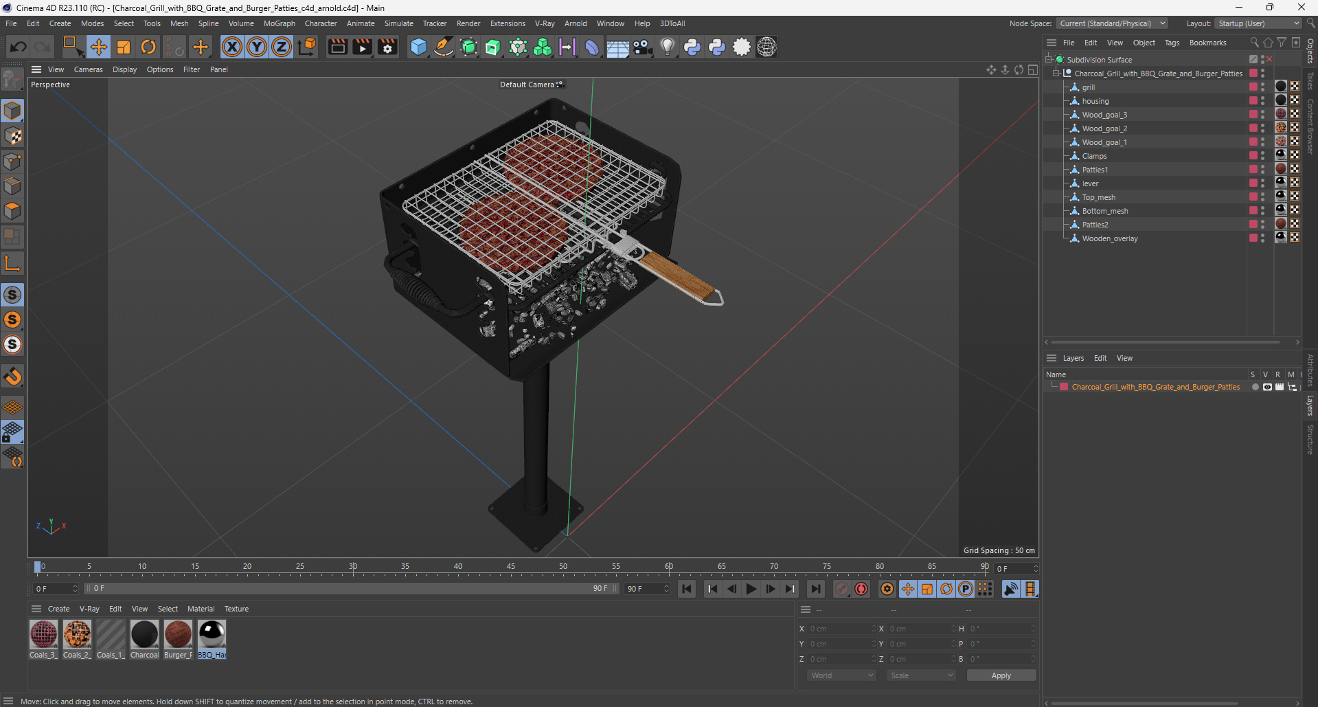 3D Charcoal Grill with BBQ Grate and Burger Patties model