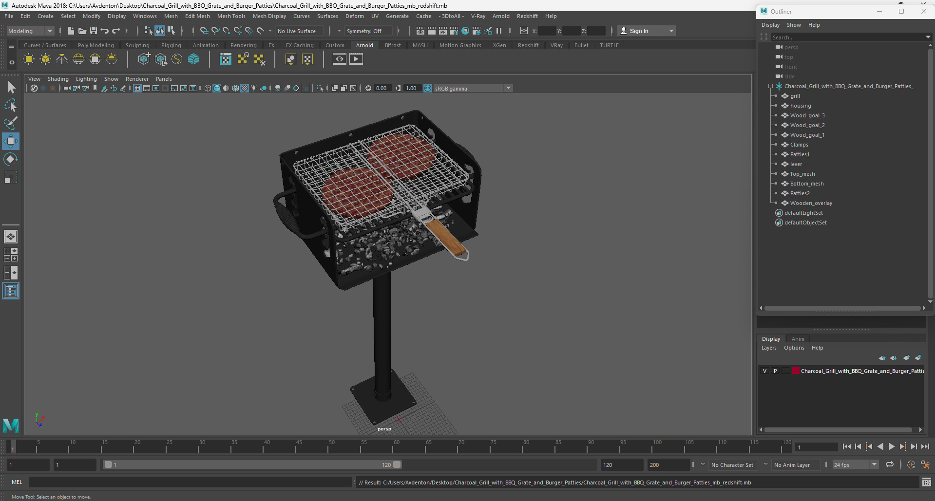 3D Charcoal Grill with BBQ Grate and Burger Patties model