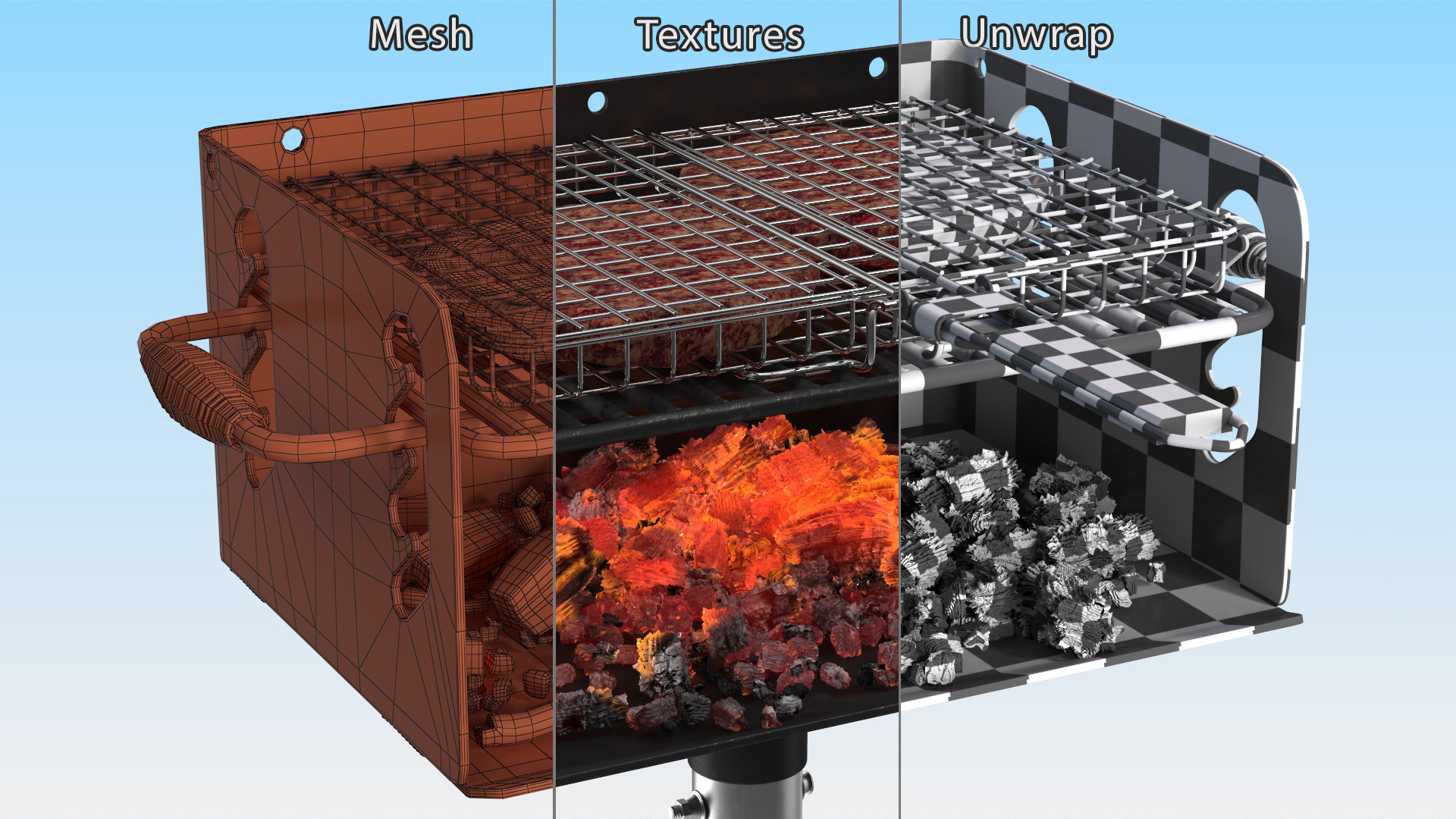 3D Charcoal Grill with BBQ Grate and Burger Patties model