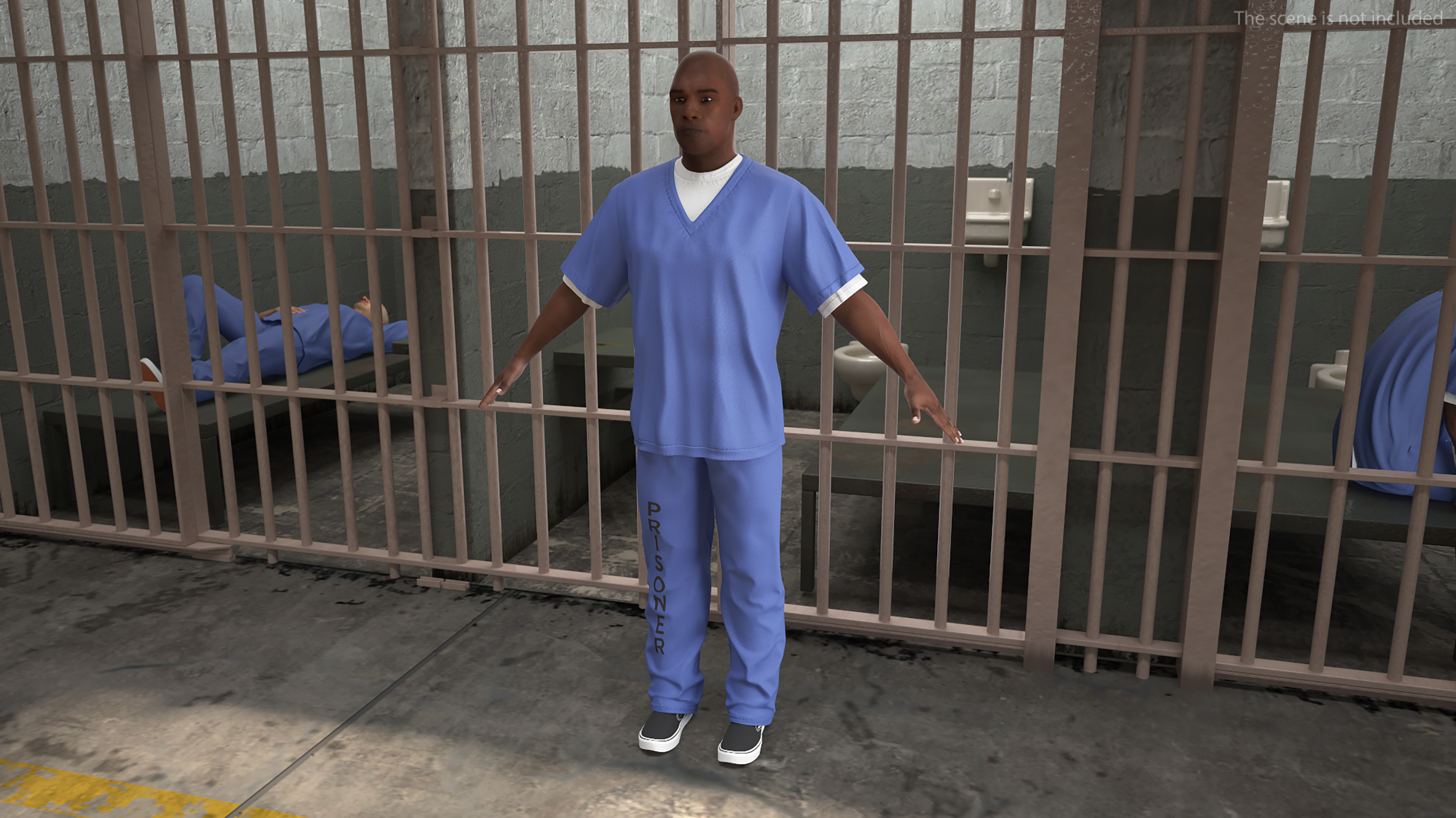 Black Prisoner in Blue Uniform A-Pose 3D