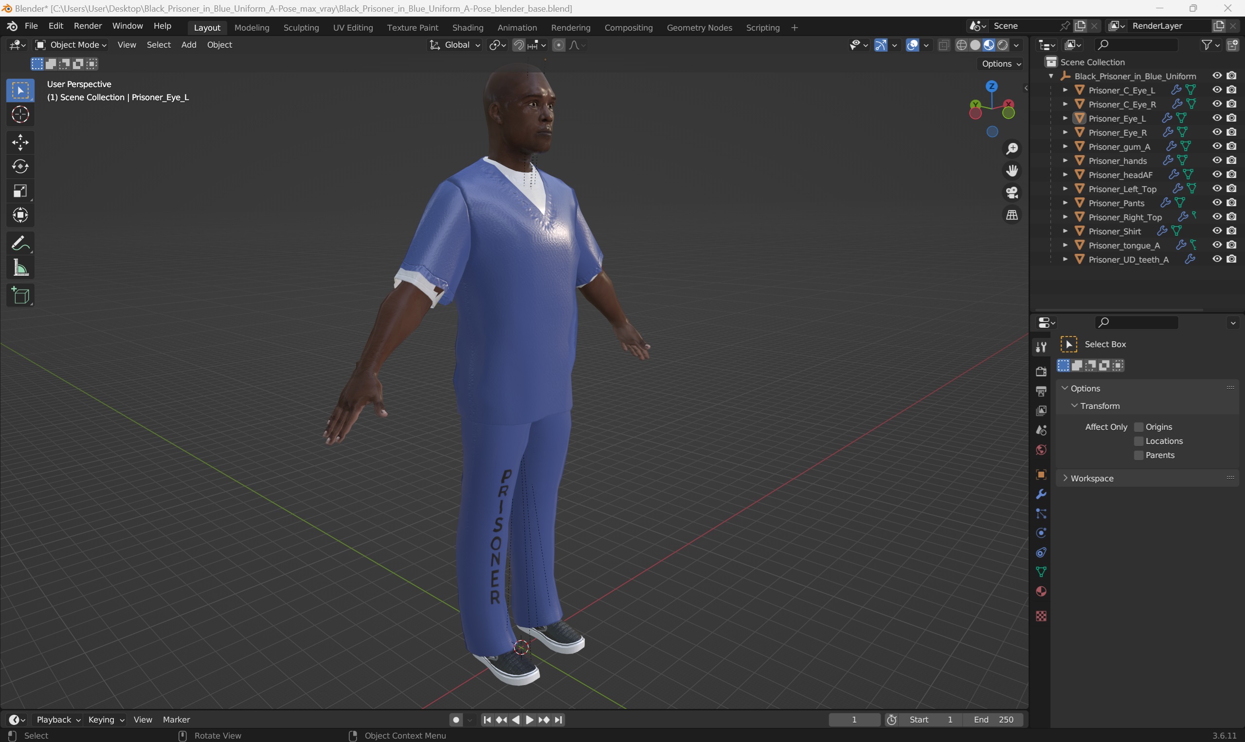 Black Prisoner in Blue Uniform A-Pose 3D