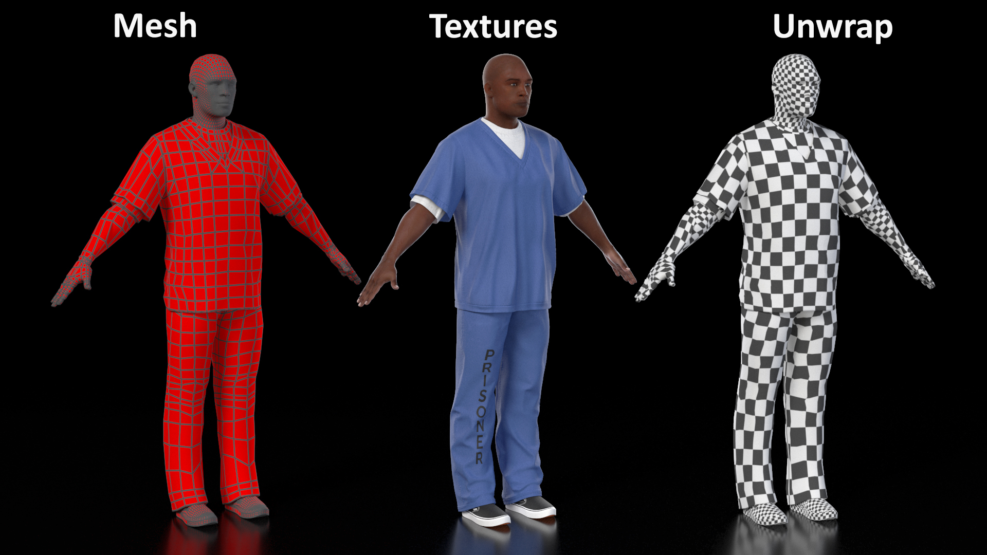 Black Prisoner in Blue Uniform A-Pose 3D