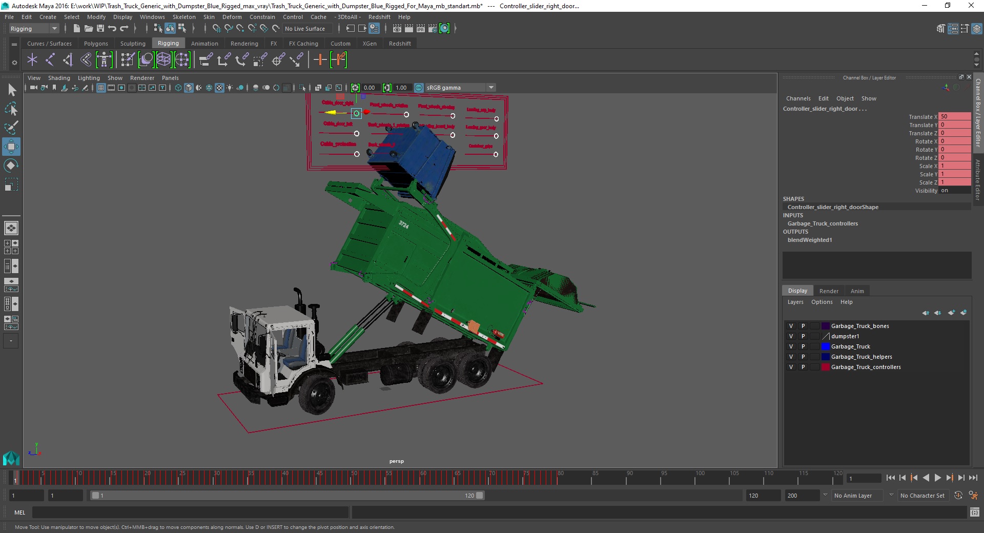 Trash Truck Generic with Dumpster Blue Rigged for Maya 3D model