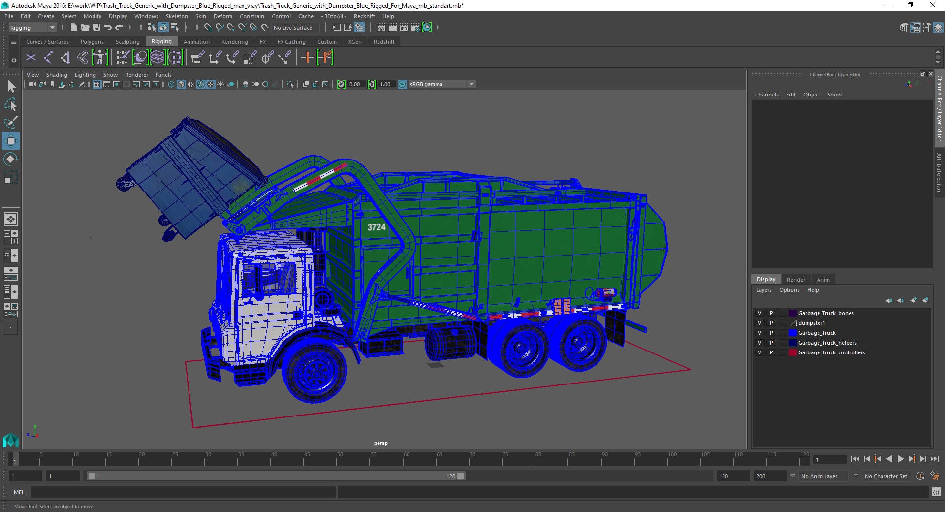 Trash Truck Generic with Dumpster Blue Rigged for Maya 3D model