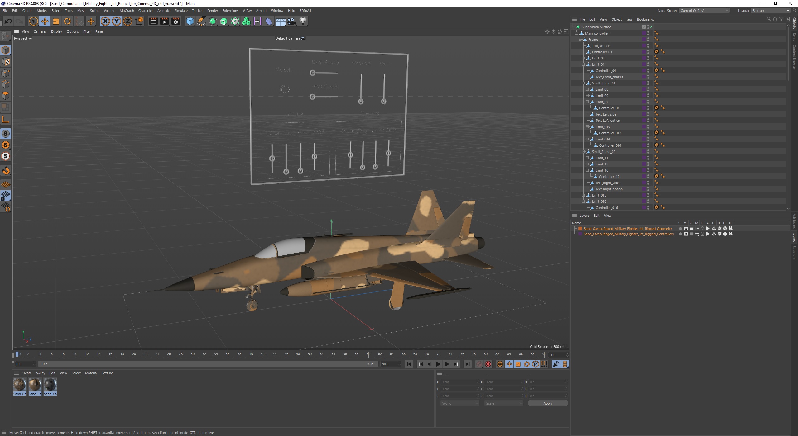 3D Sand Camouflaged Military Fighter Jet Rigged for Cinema 4D model