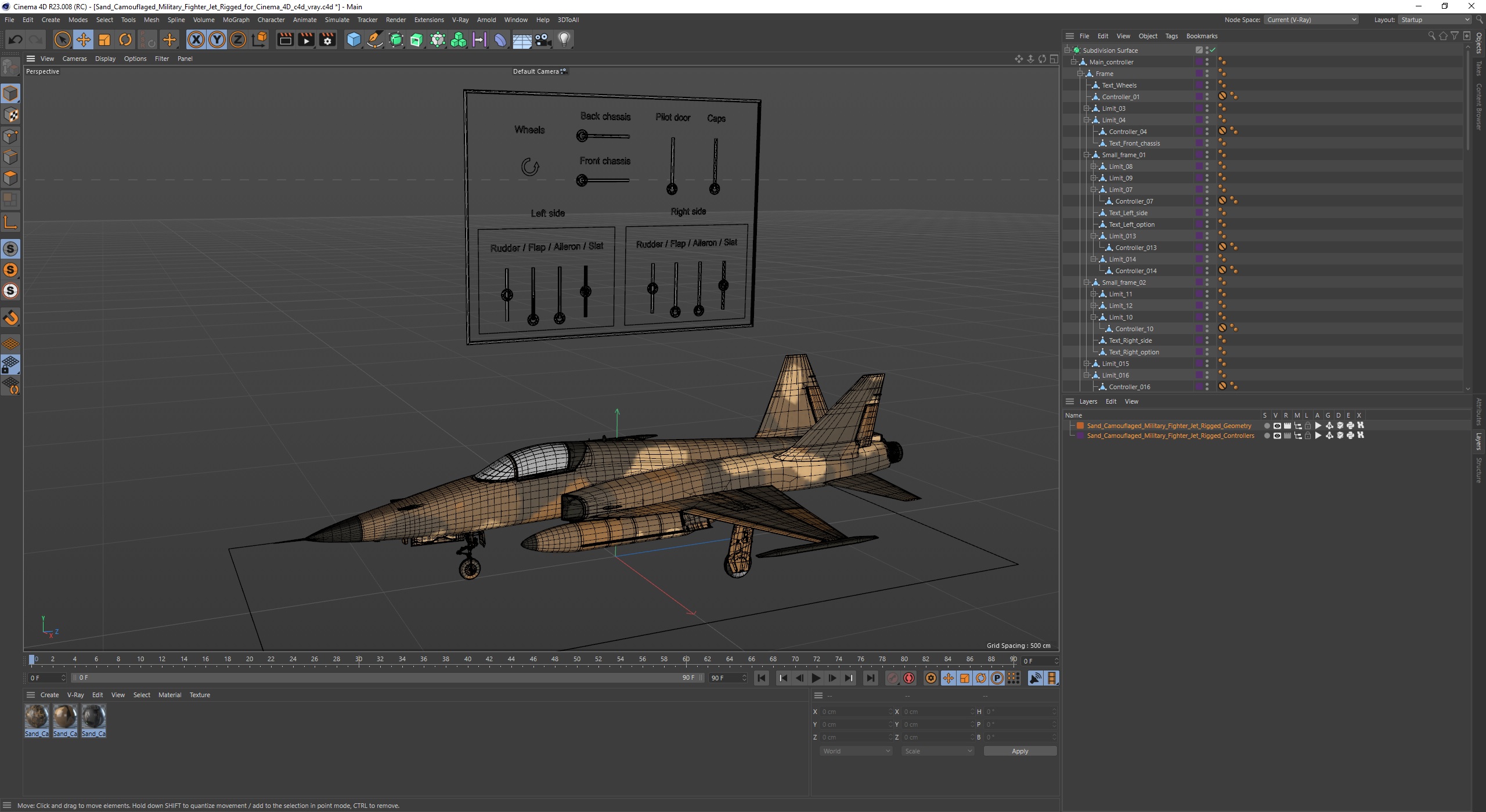 3D Sand Camouflaged Military Fighter Jet Rigged for Cinema 4D model