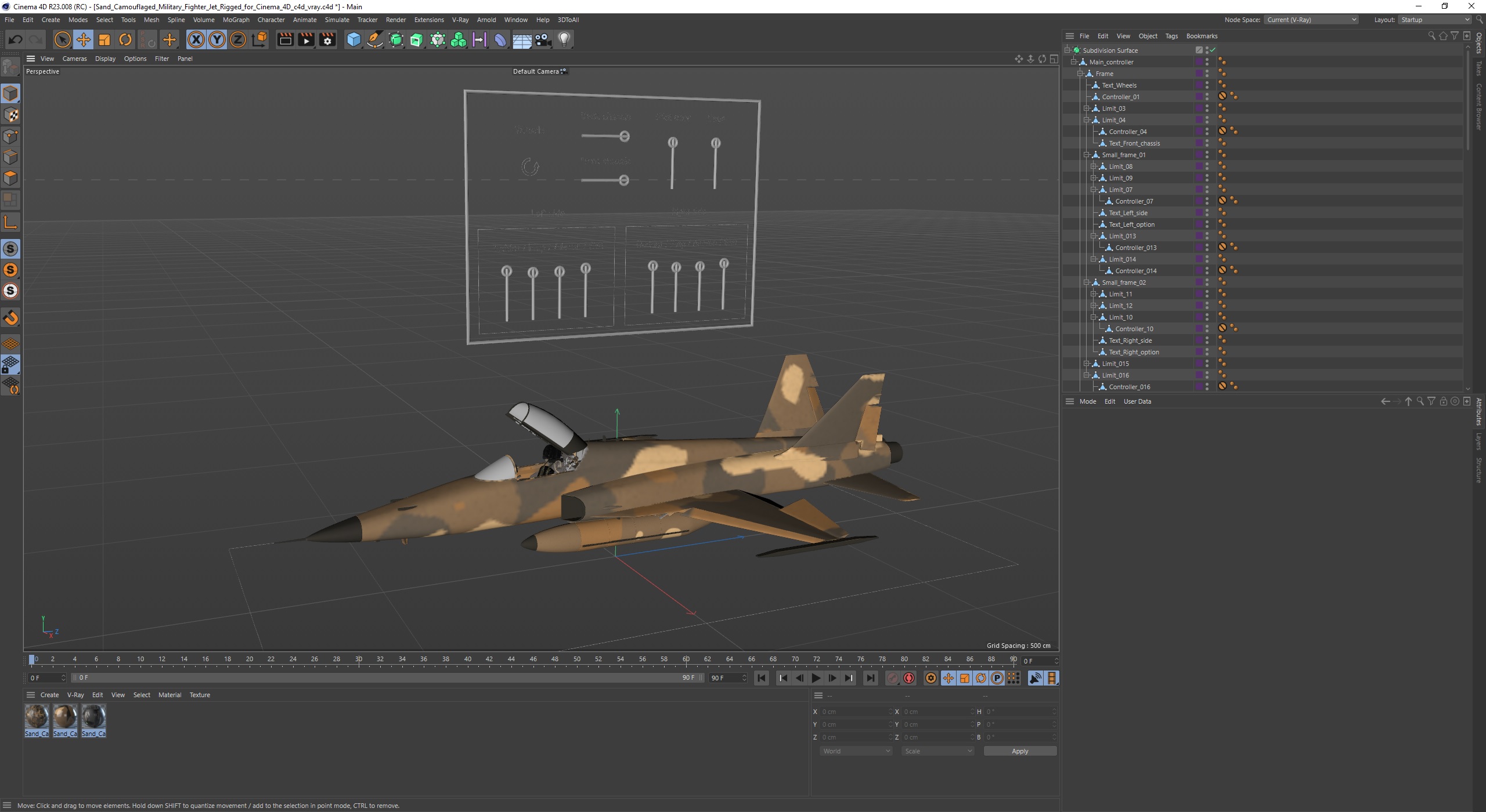 3D Sand Camouflaged Military Fighter Jet Rigged for Cinema 4D model