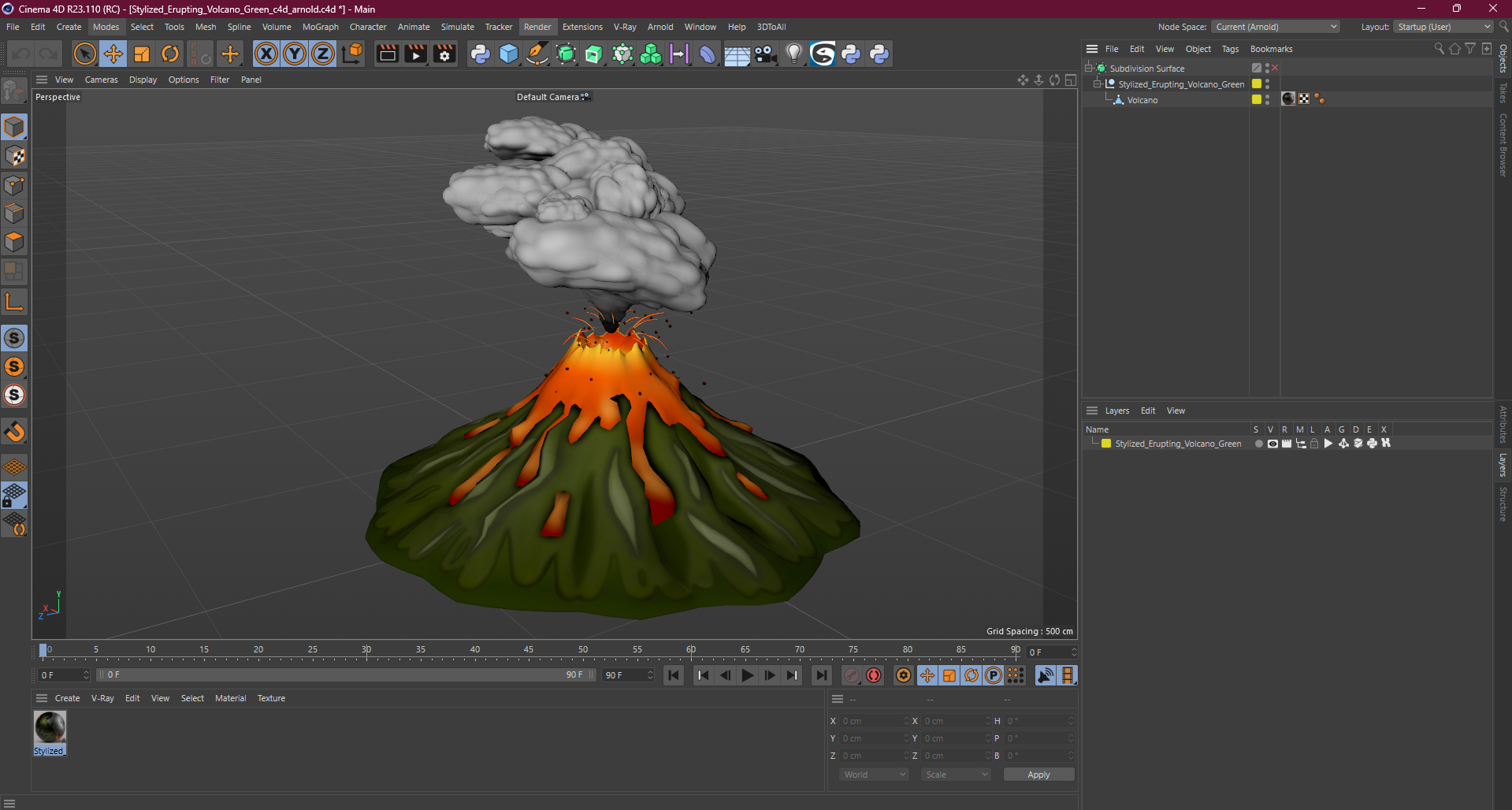 3D Stylized Erupting Volcano Green